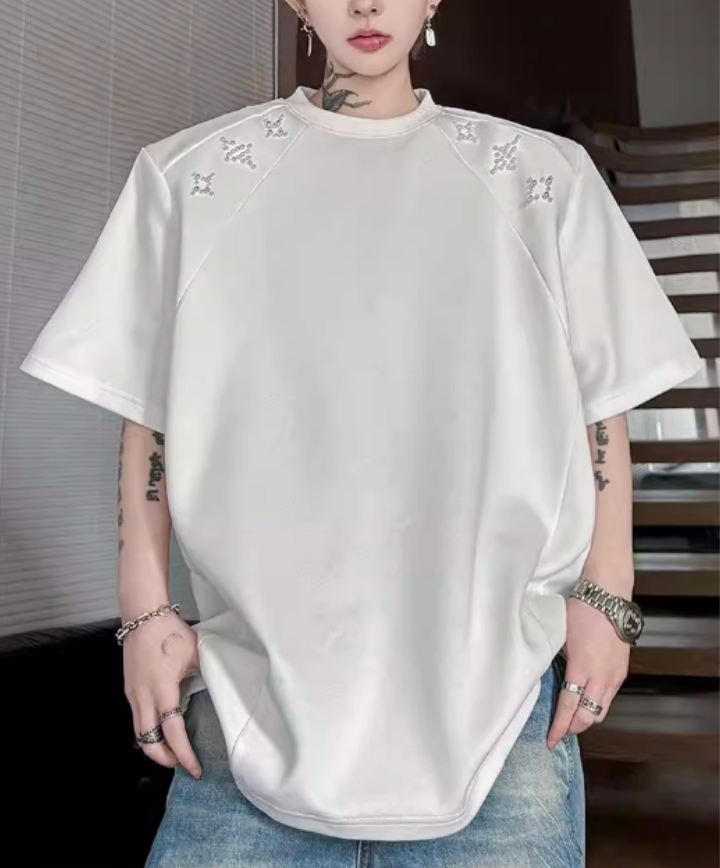 sparkling star motif bead decoration t-shirt EN2827