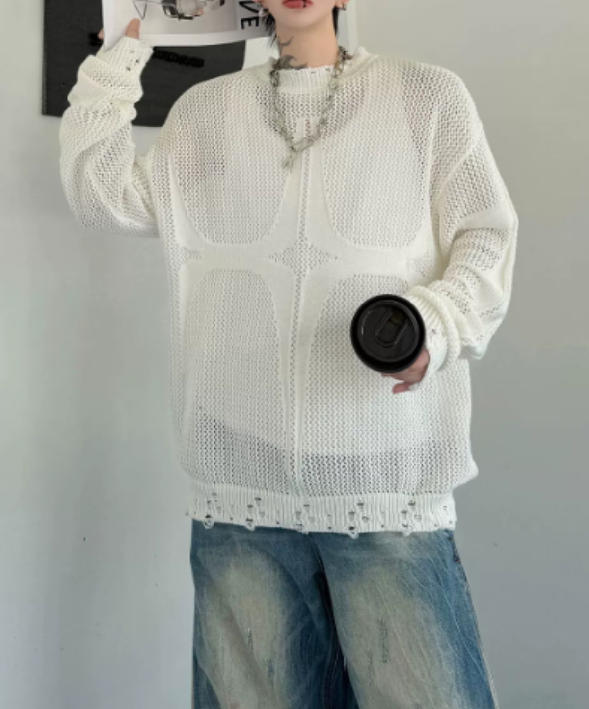 open-knit pattern with distressed finish sweater EN3206