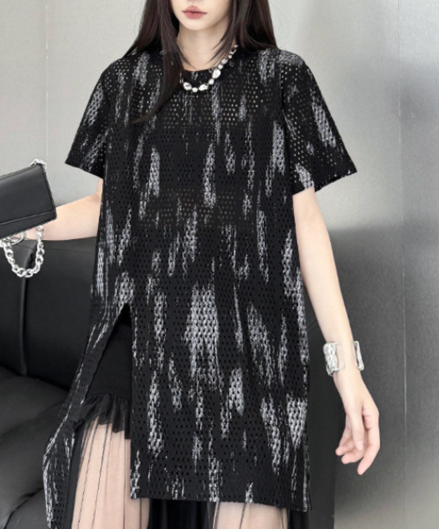 printed mesh asymmetrical t-shirt EN2840