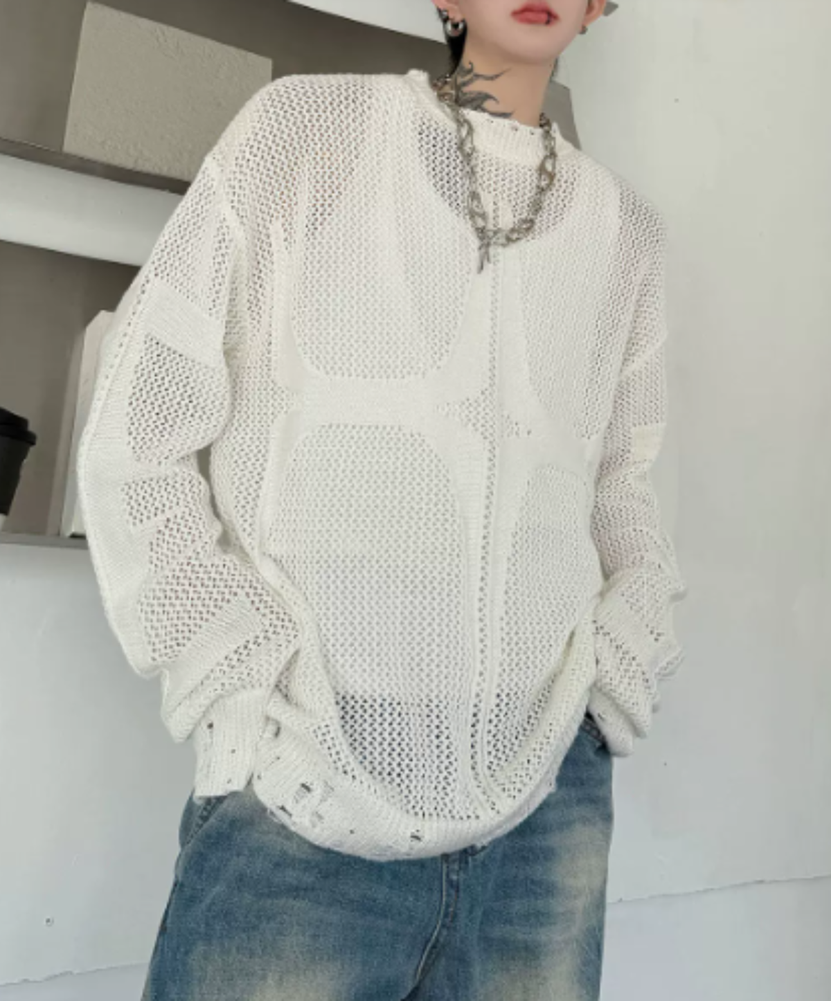 open-knit pattern with distressed finish sweater EN3206