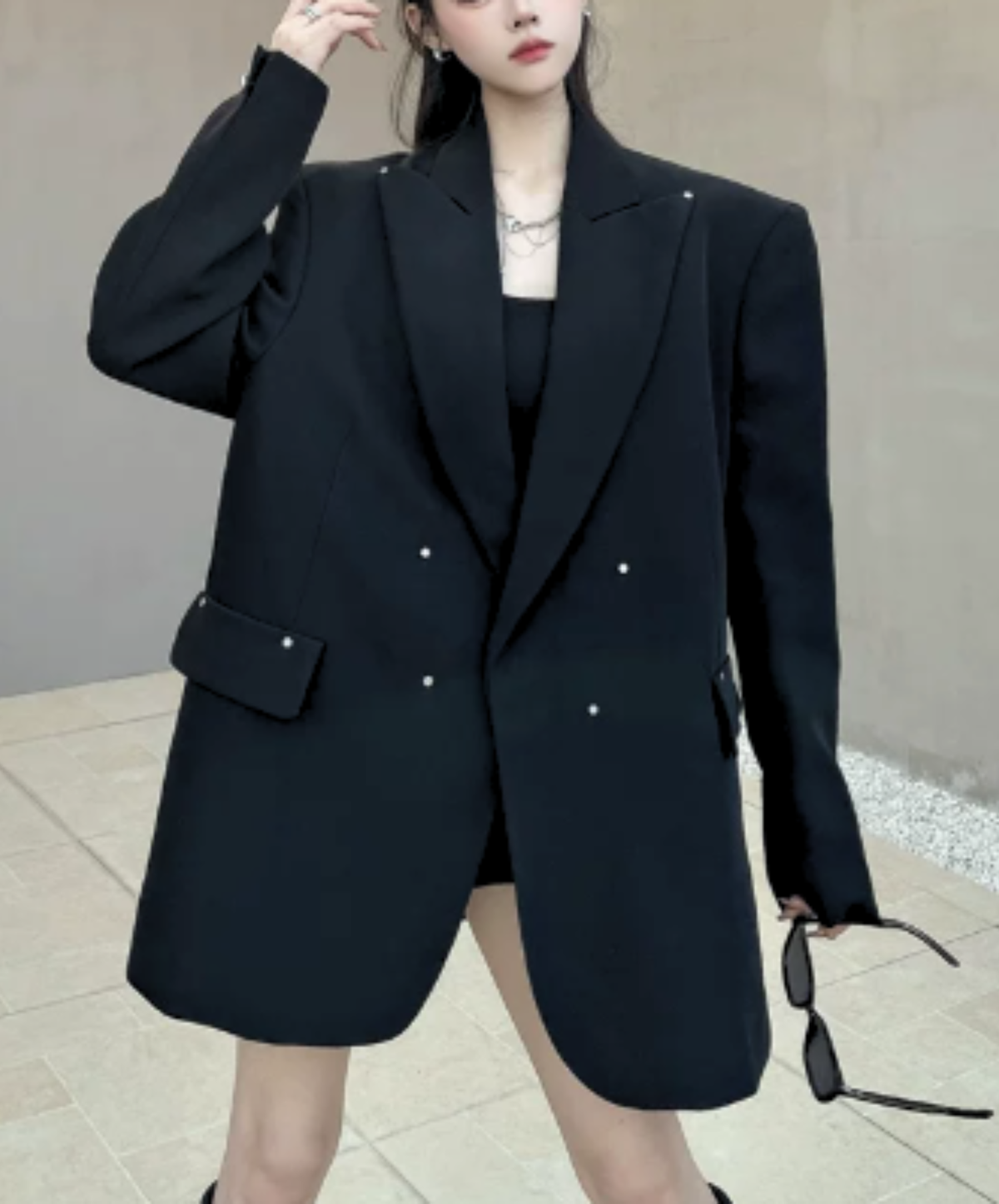 dark shaggy lapel mixed-material paneling jacket EN3190