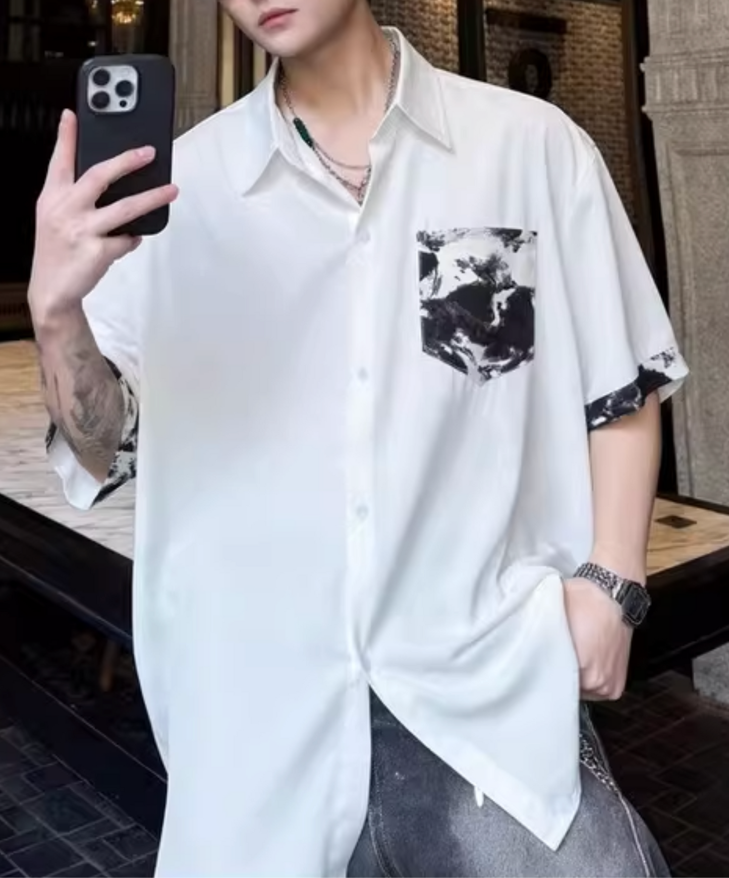 dark color block print shirt EN2800
