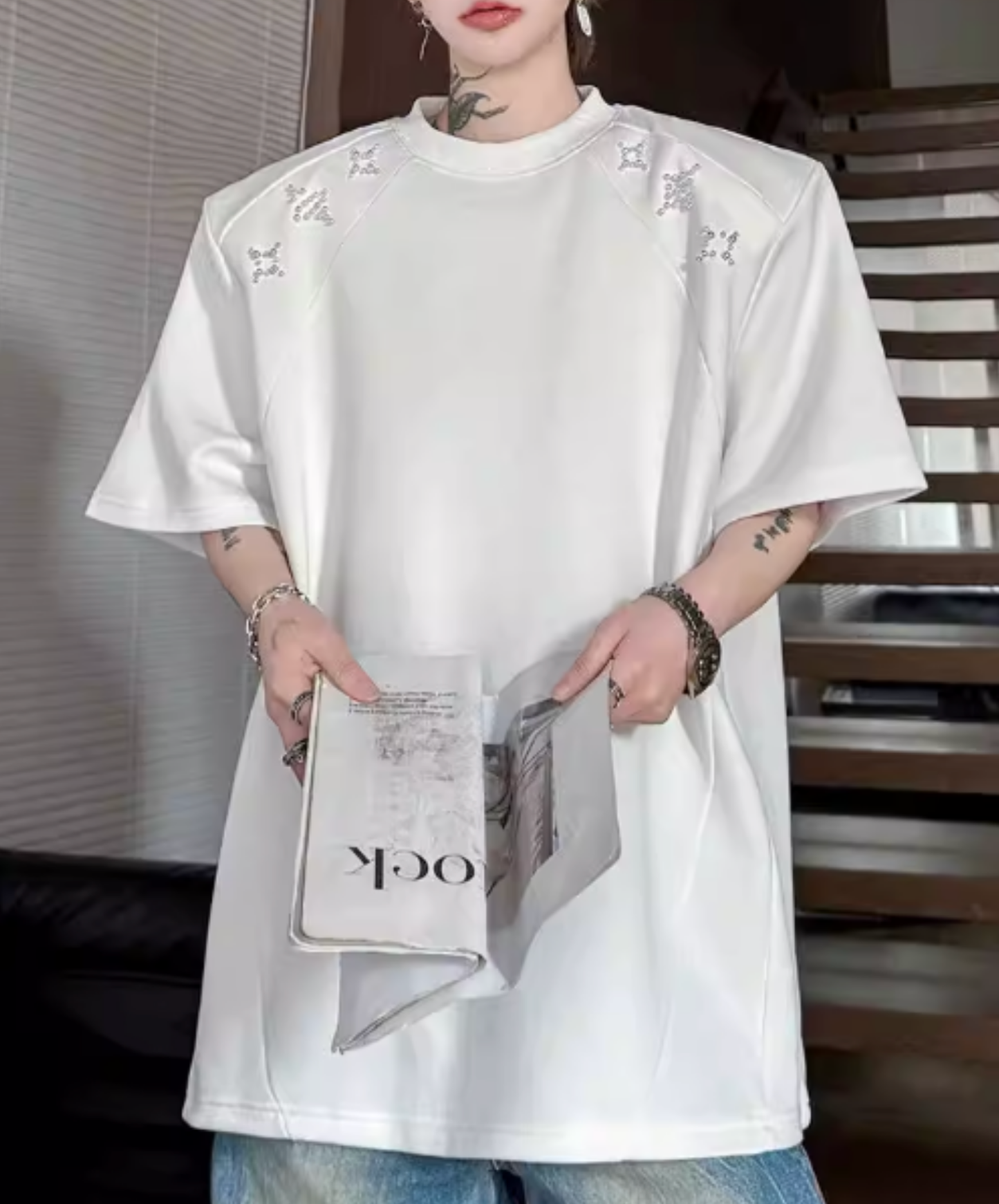 sparkling star motif bead decoration t-shirt EN2827