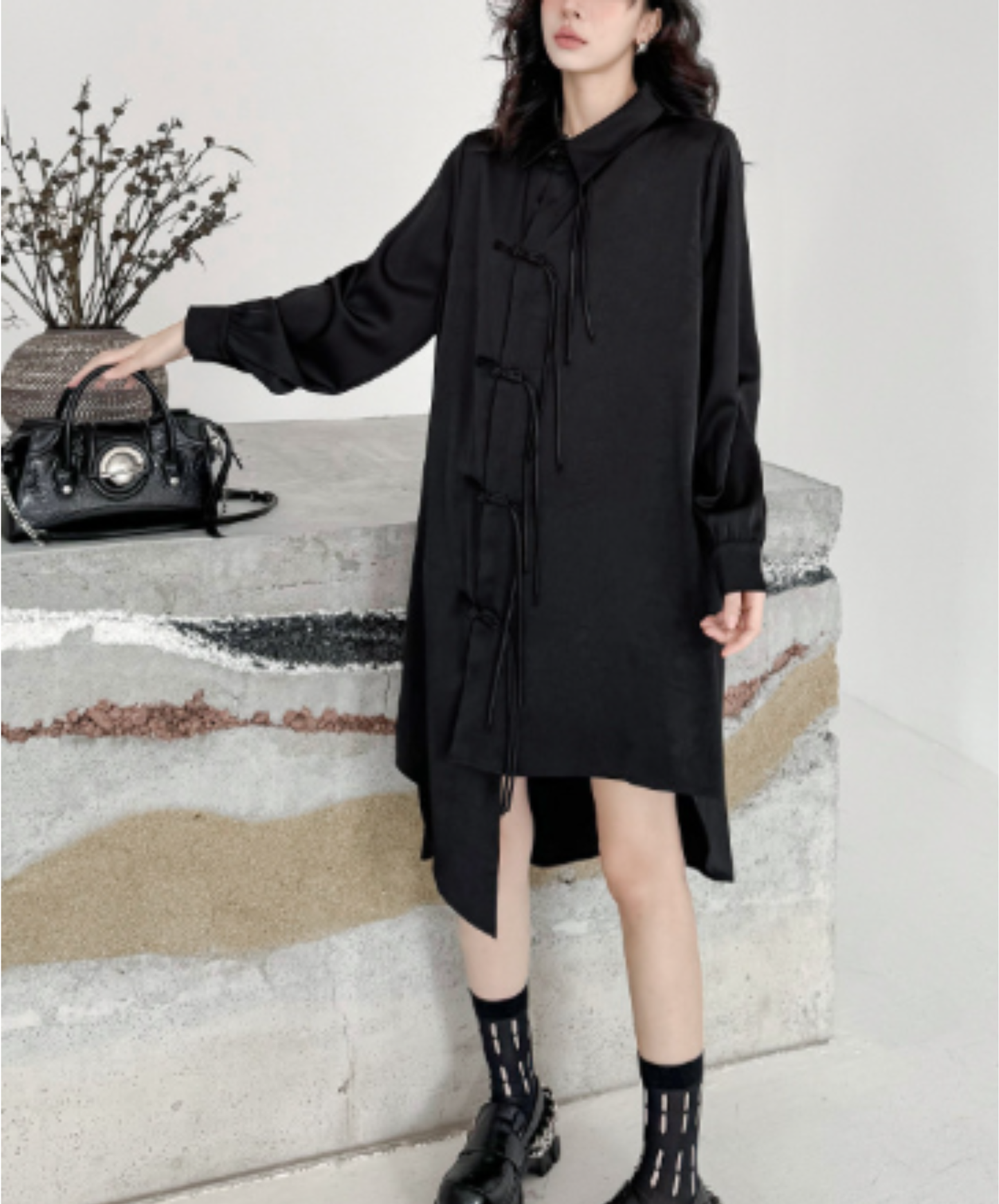dark chinese-style irregular-cut button long shirt EN3109