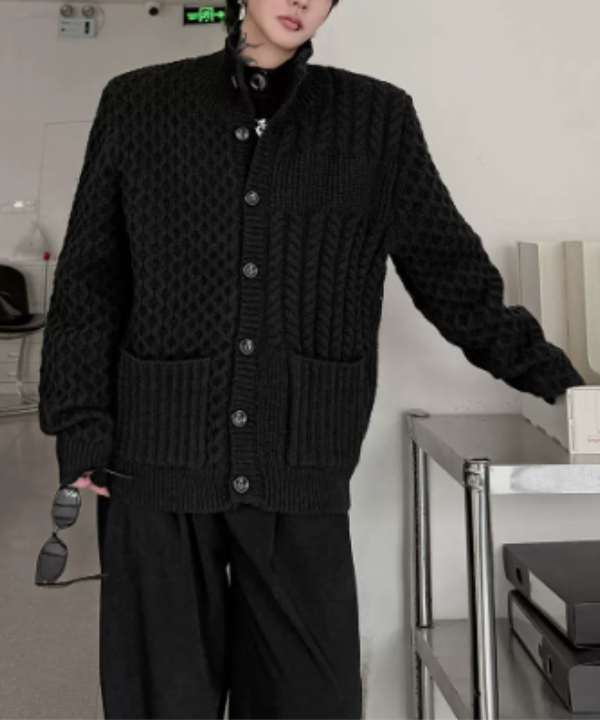 high-neck raised-relief knitting cardigan EN3256