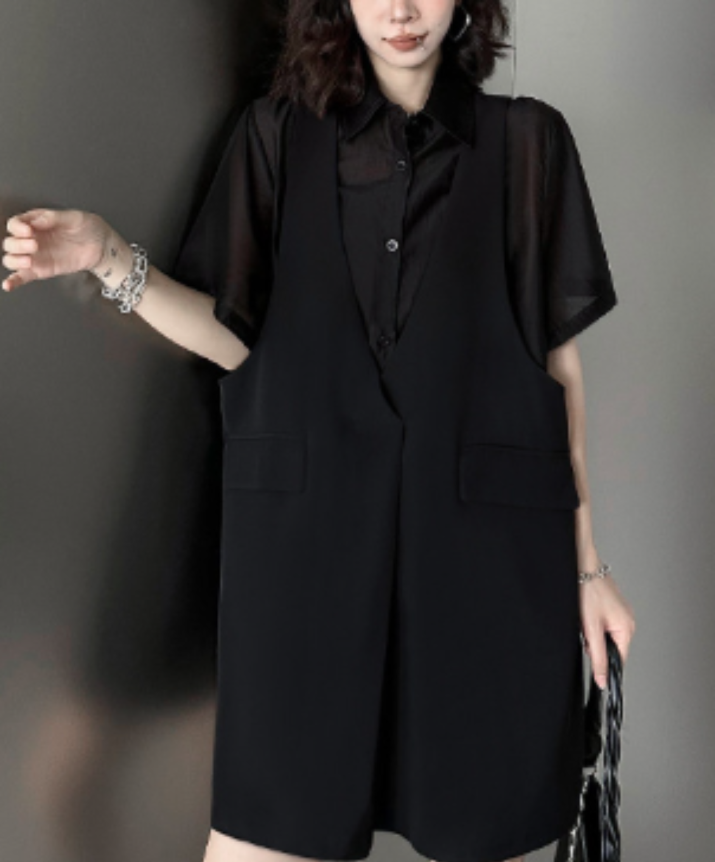 dark fake two-piece loose sheer shirt EN2977