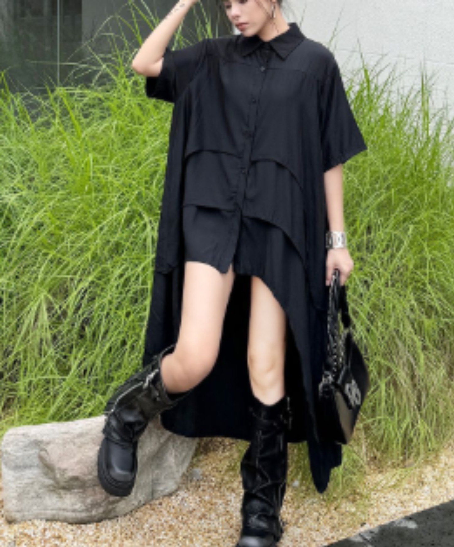 Irregular design short-sleeved long shirt EN2955