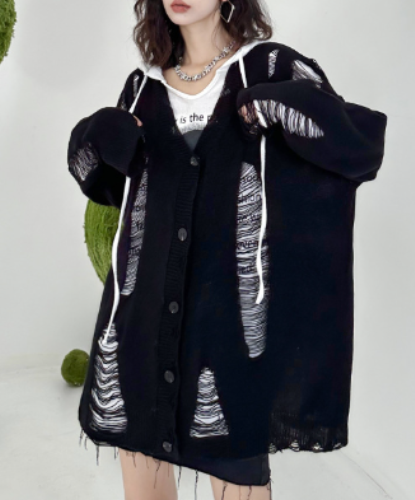 dolman-sleeve top with heavy distressing cardigan EN3123