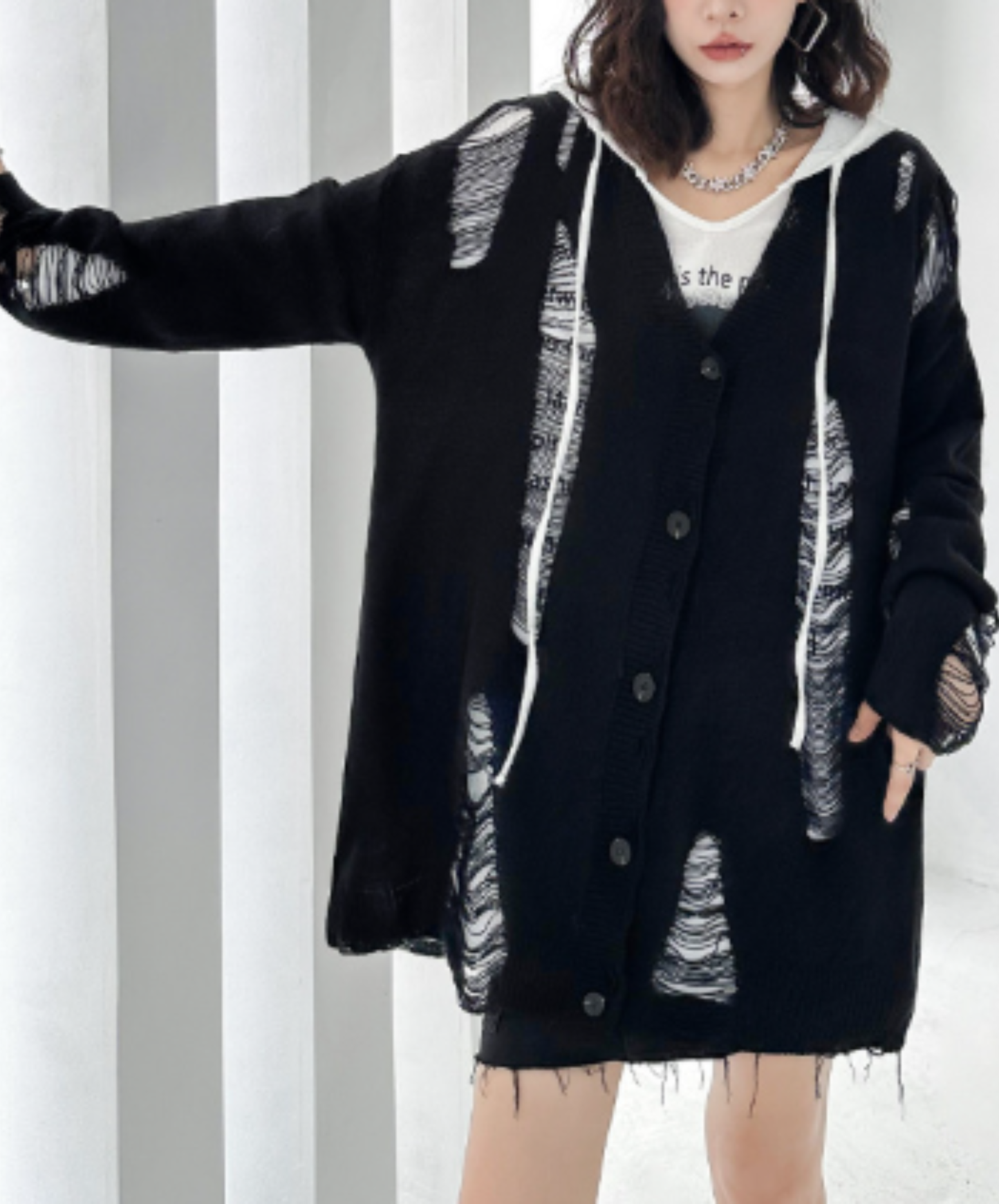 dolman-sleeve top with heavy distressing cardigan EN3123