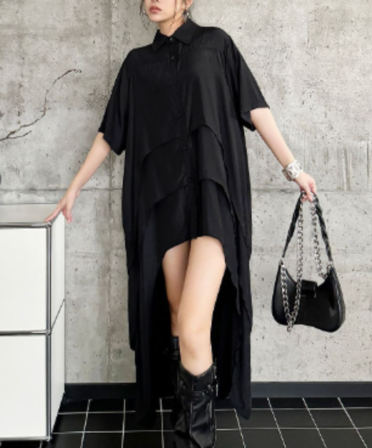 Irregular design short-sleeved long shirt EN2955