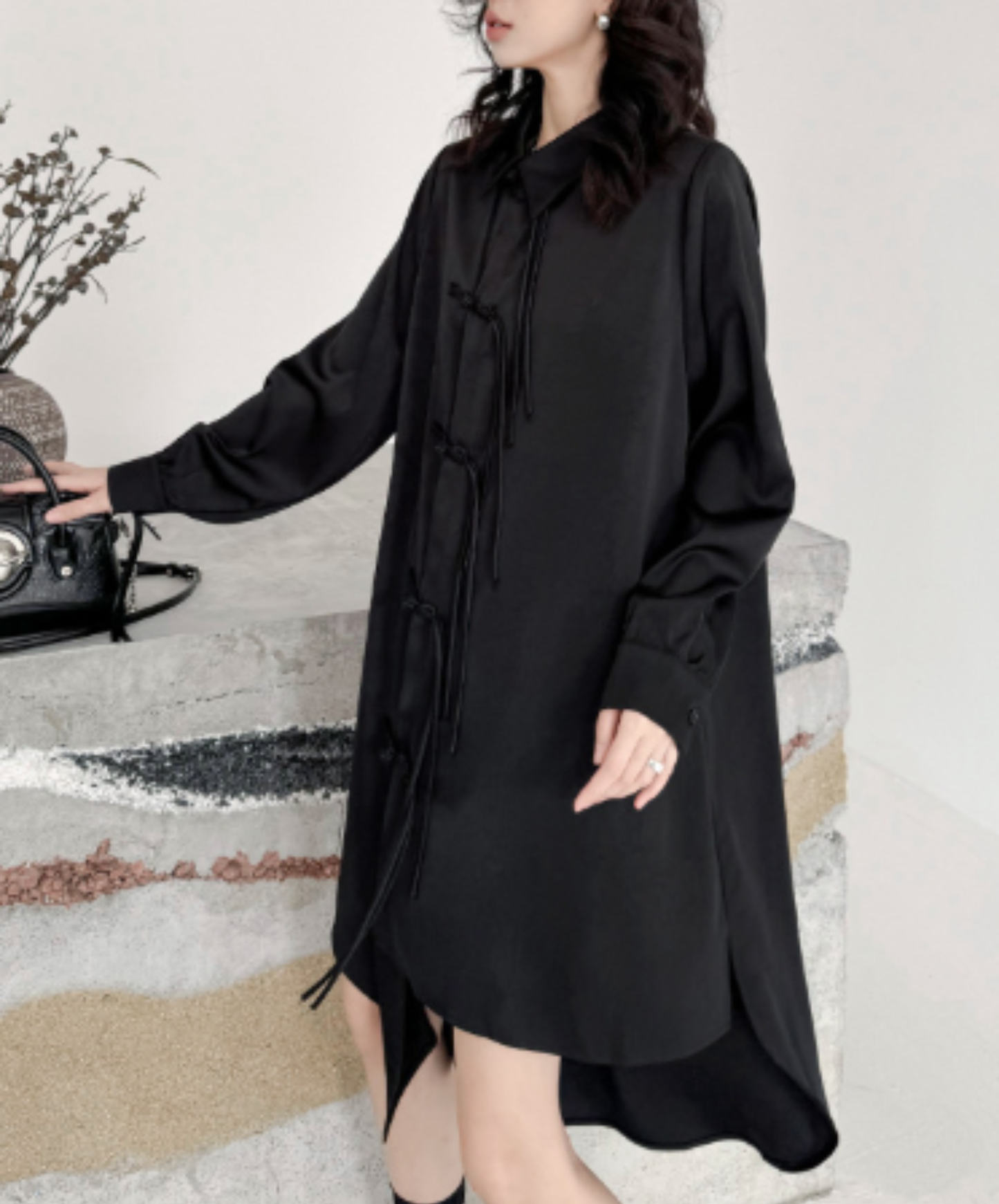 dark chinese-style irregular-cut button long shirt EN3109