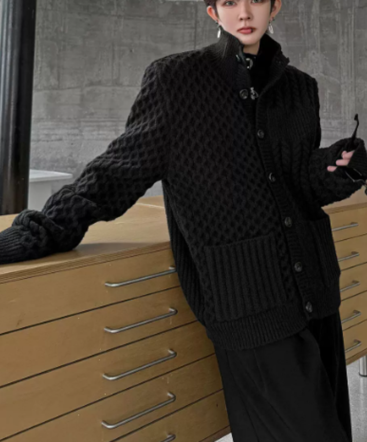 high-neck raised-relief knitting cardigan EN3256