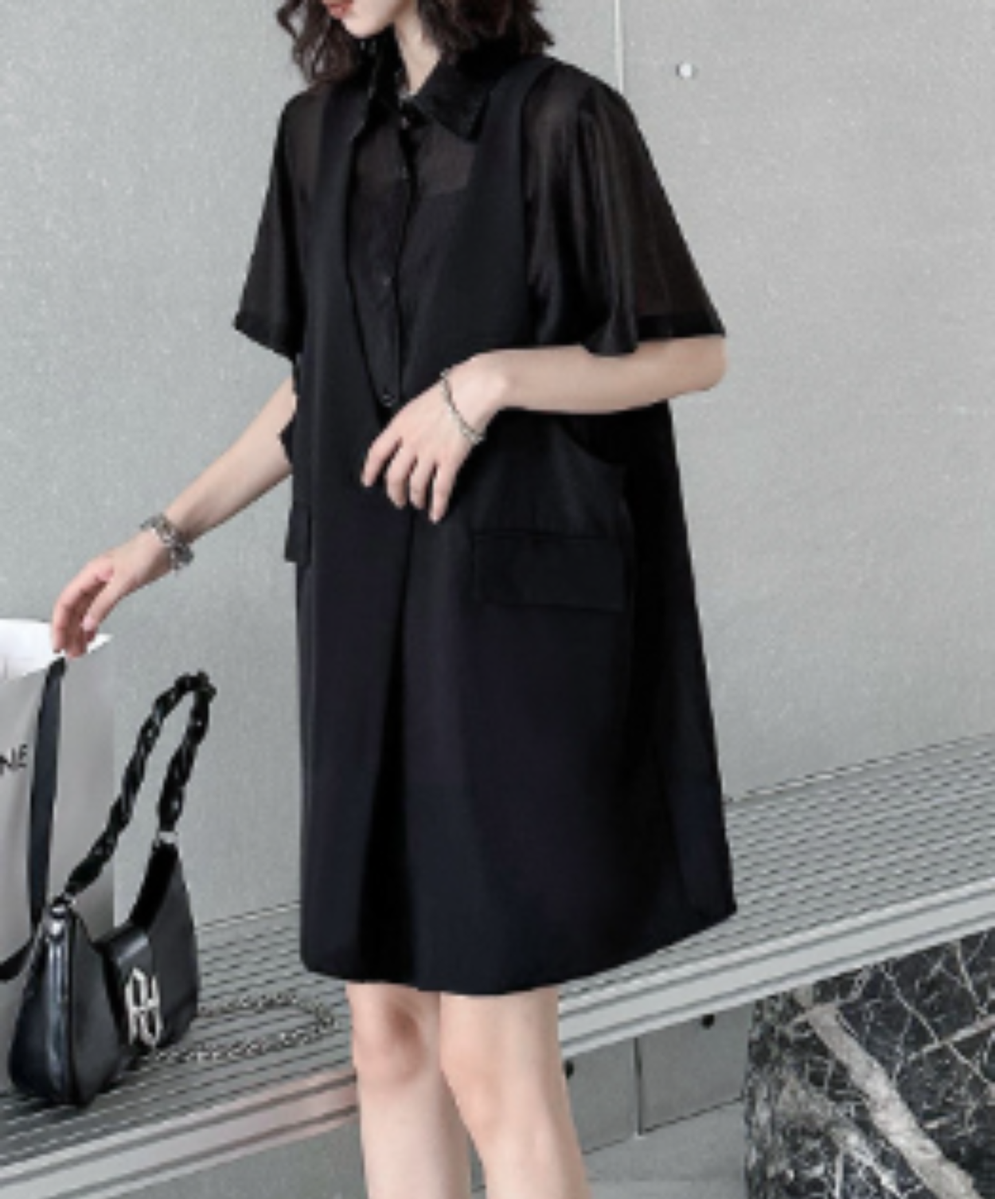 dark fake two-piece loose sheer shirt EN2977