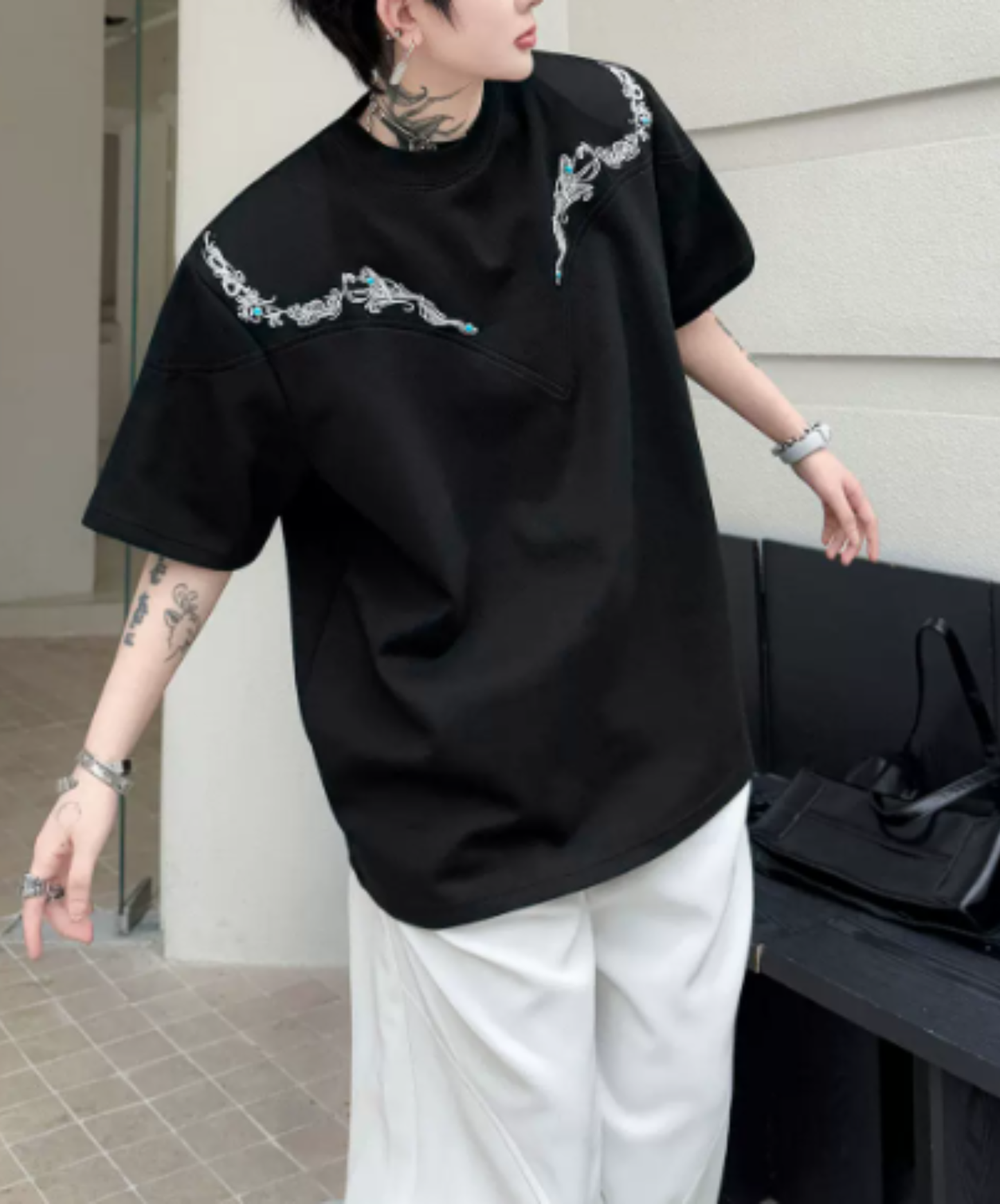 retro embroidery beads t-shirt EN2873