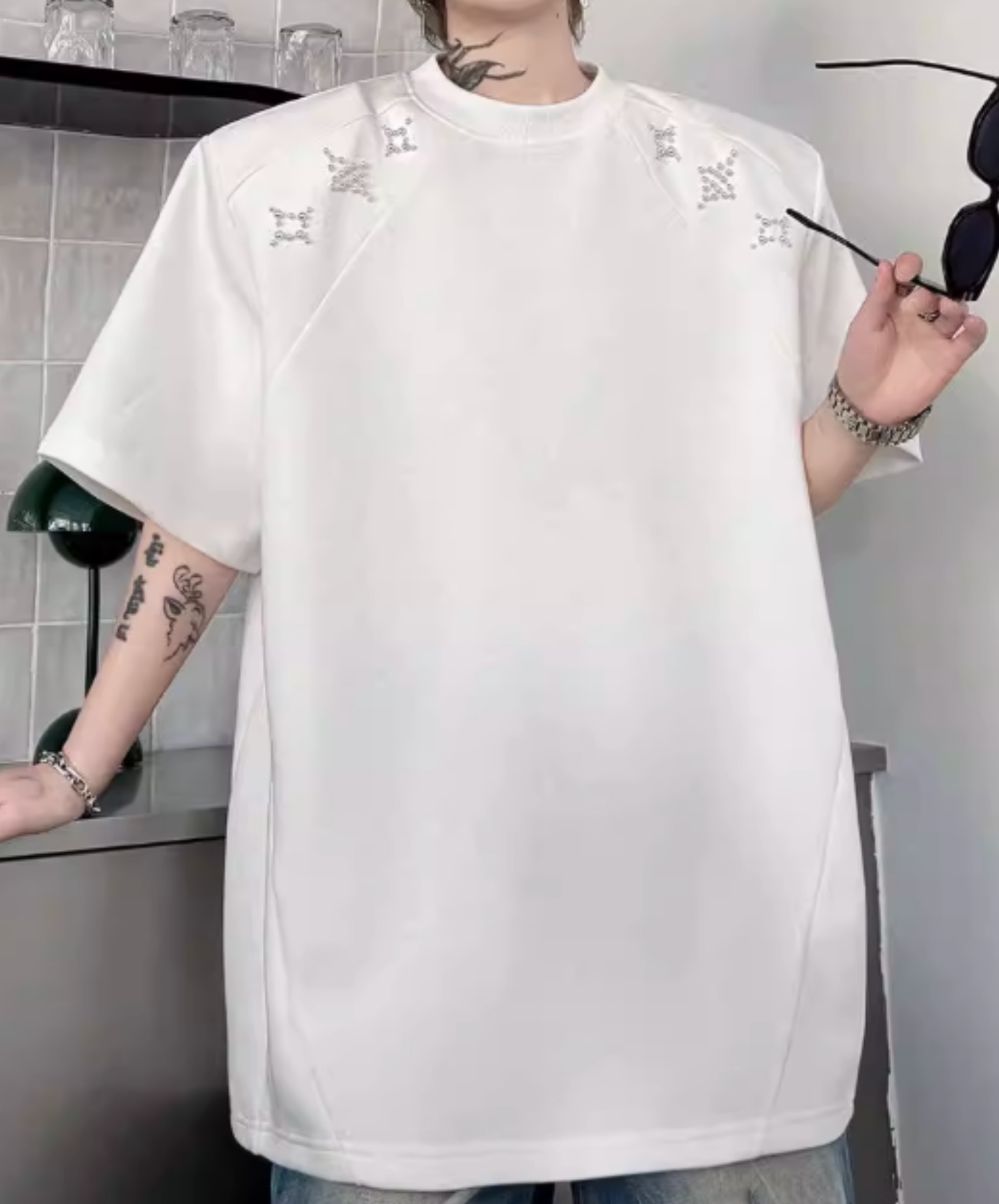 sparkling star motif bead decoration t-shirt EN2827