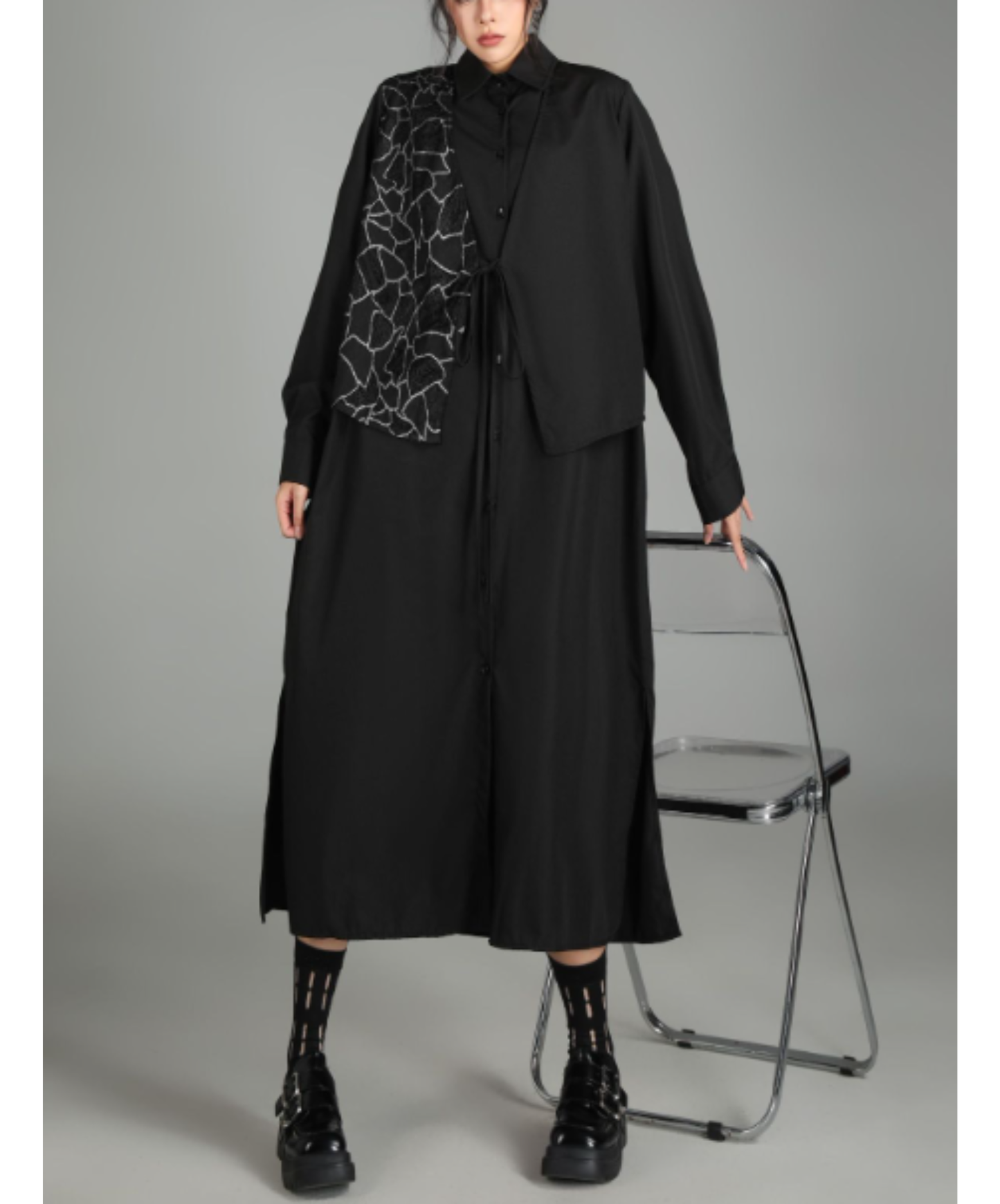 dark patchwork two-piece style long shirt EN3016