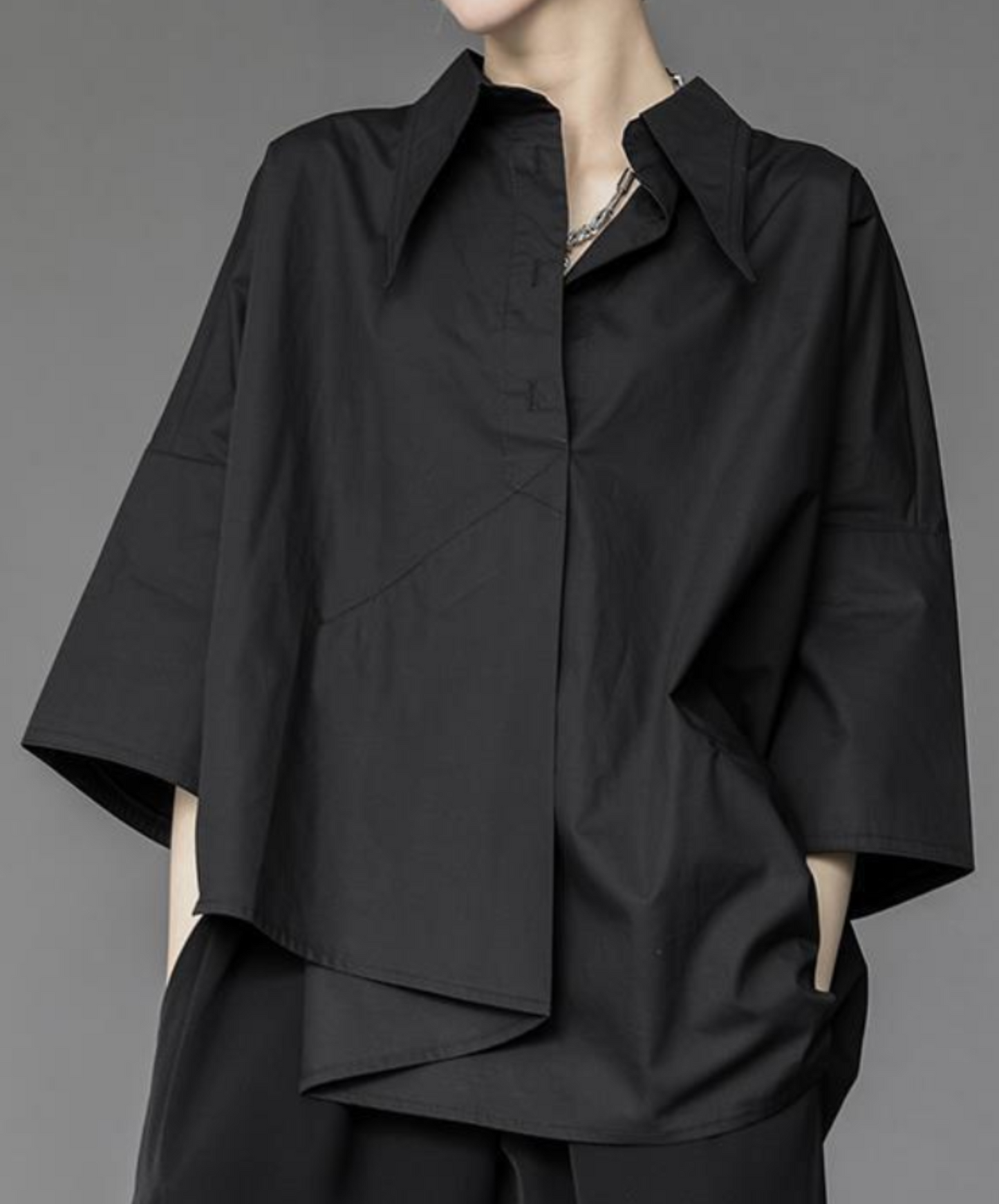 dark asymmetric tuck drape shirt EN2141