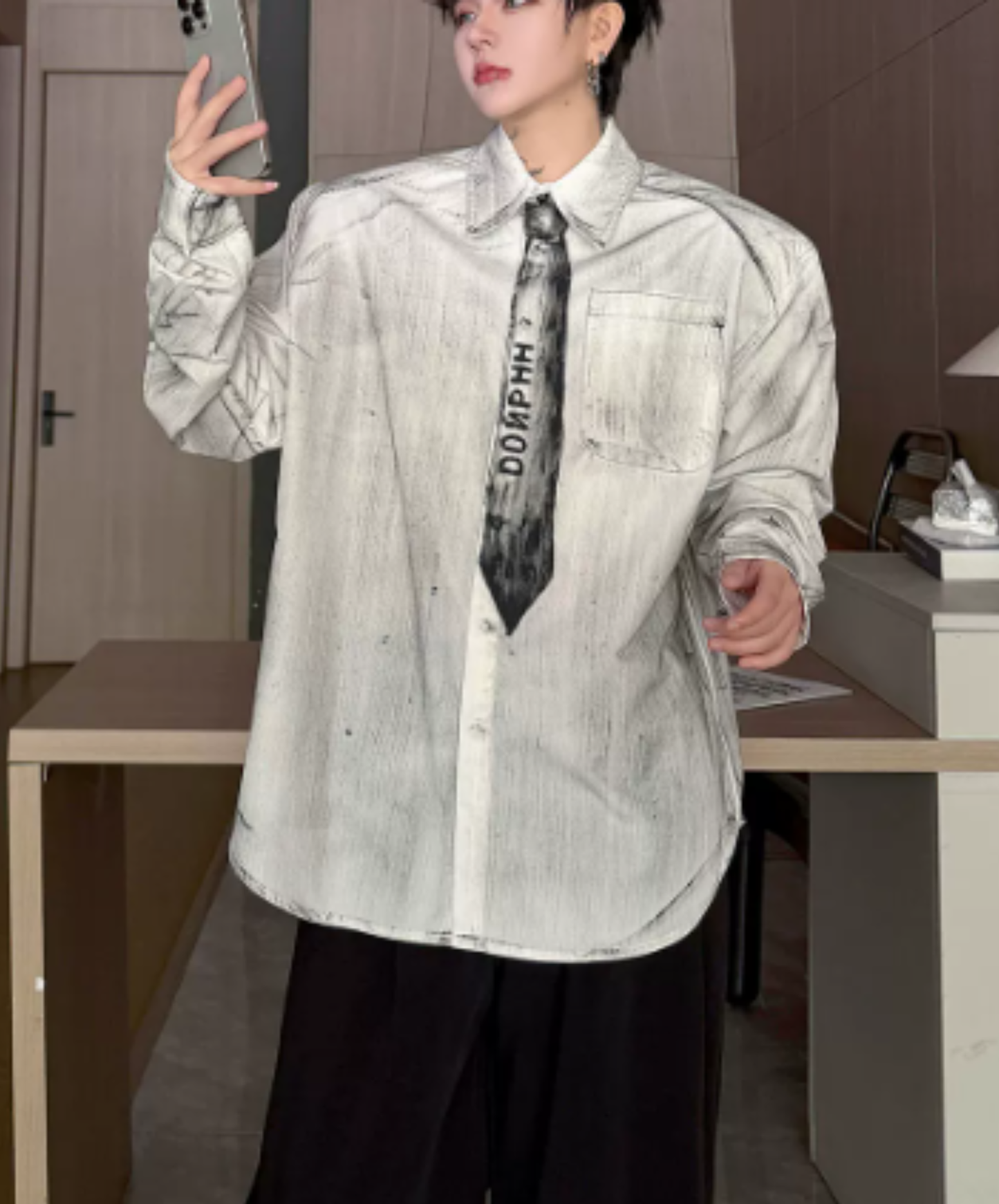 vintage-style tie motif design shirt EN3170