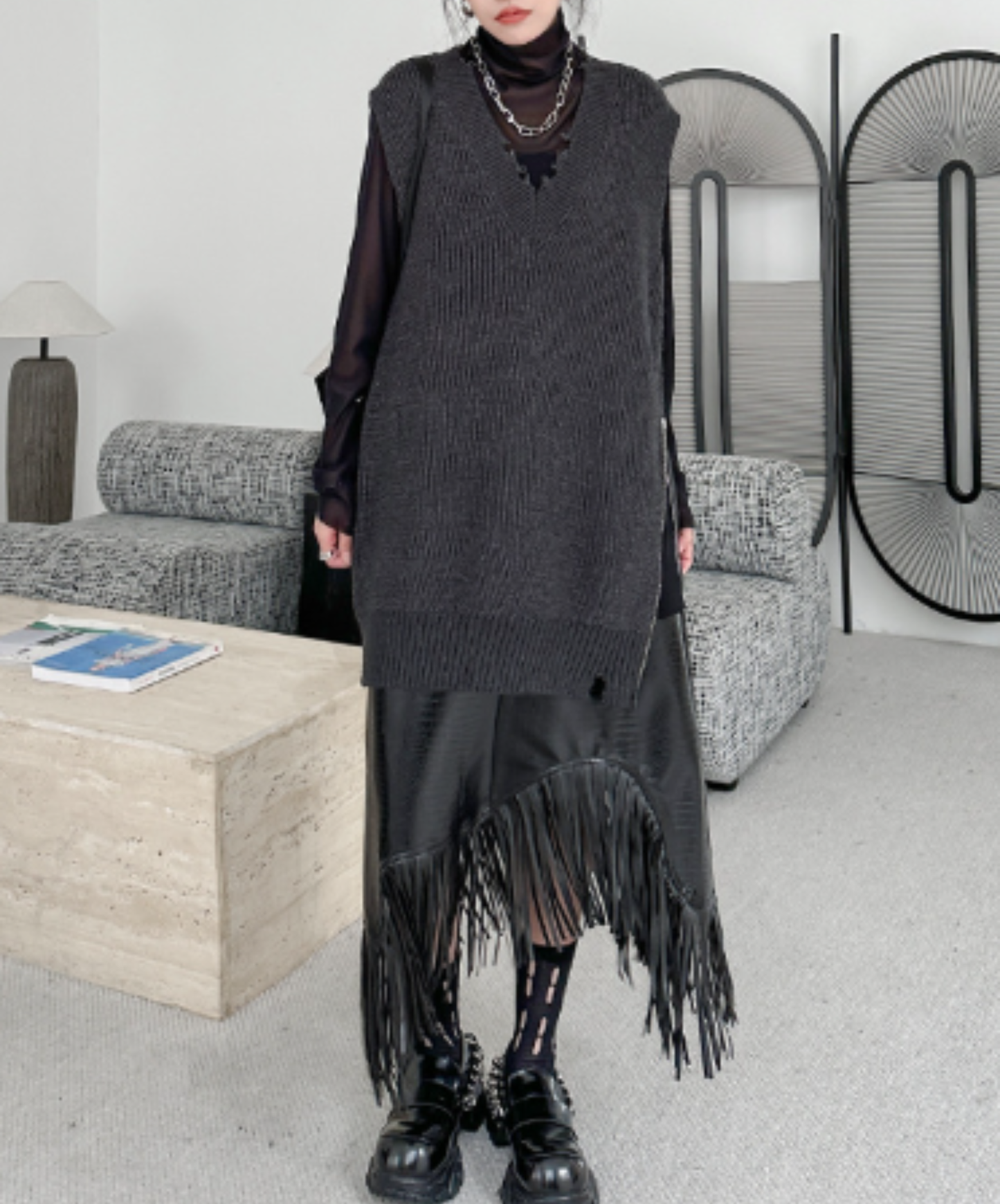 loose-fitting v-neck top side zips sweater EN3155