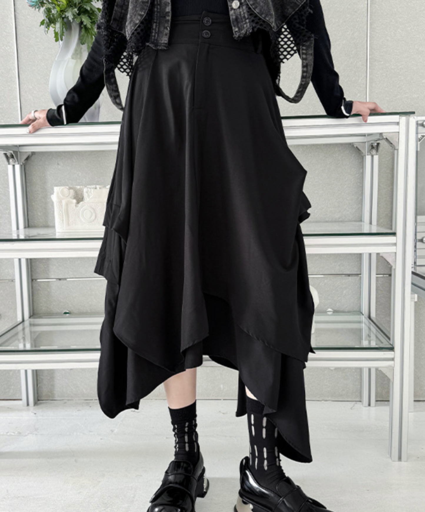 dark asymmetric drape buttons skirt EN2330