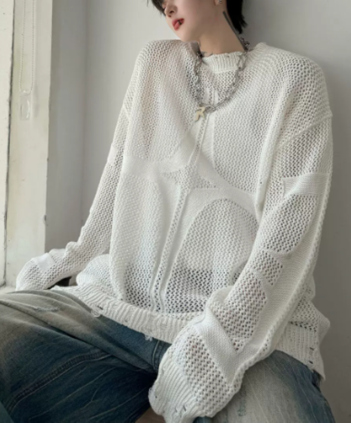 open-knit pattern with distressed finish sweater EN3206