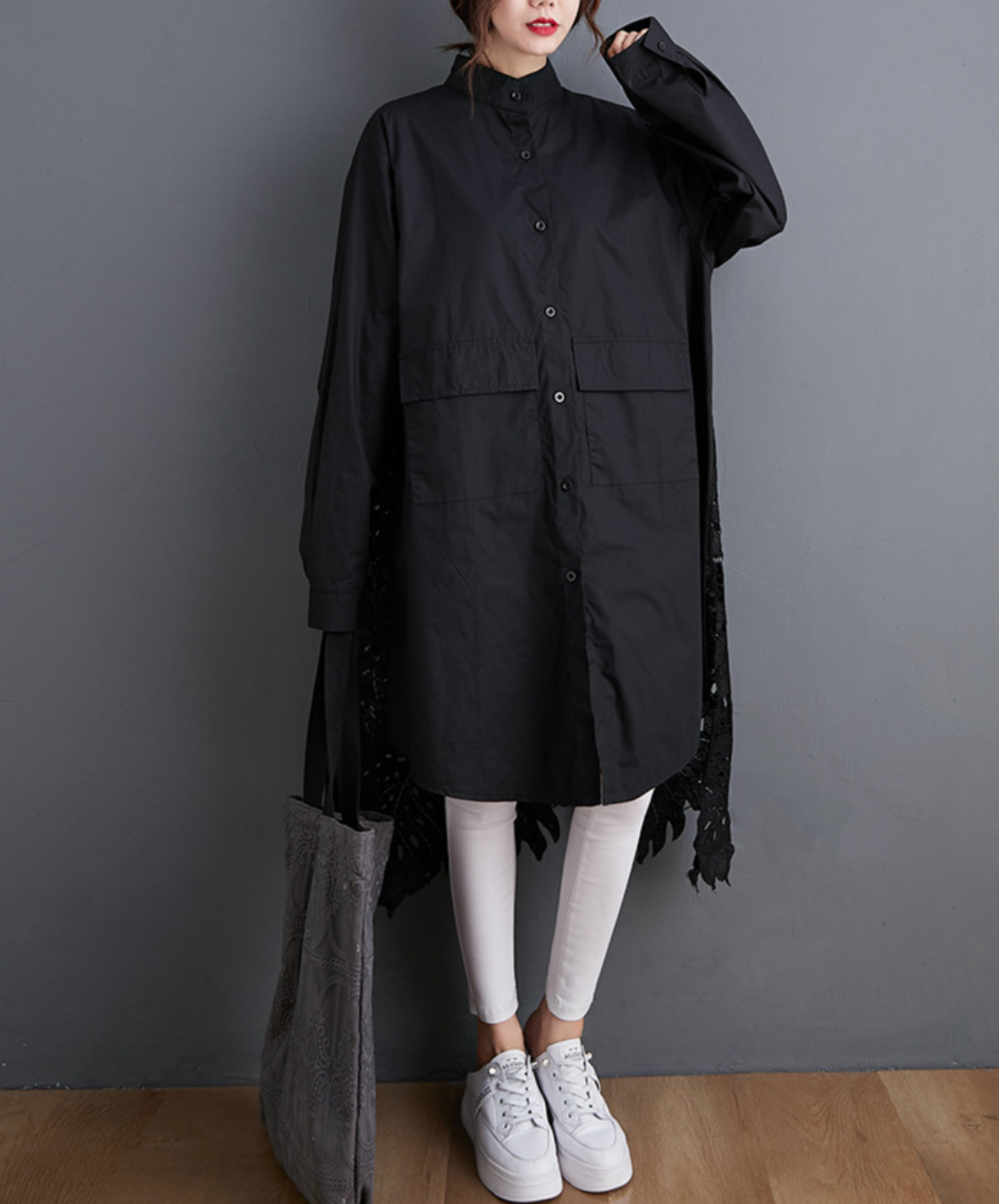 leaf motif lace fishtail long shirt EN2294