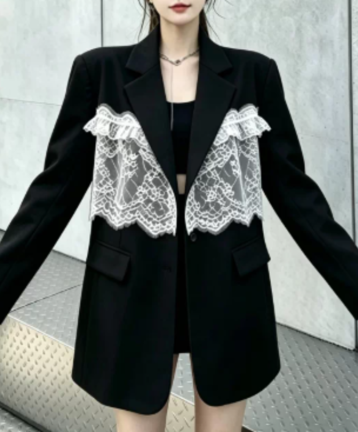 panelled design with a lace bow tie jacket EN3166