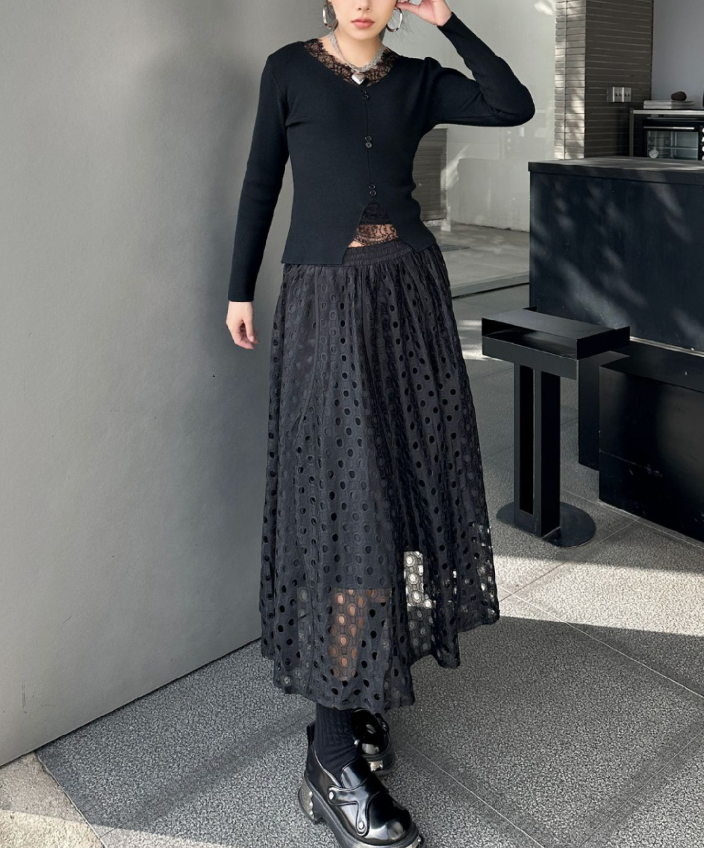 dark eyelet lace a-line skirt EN2335