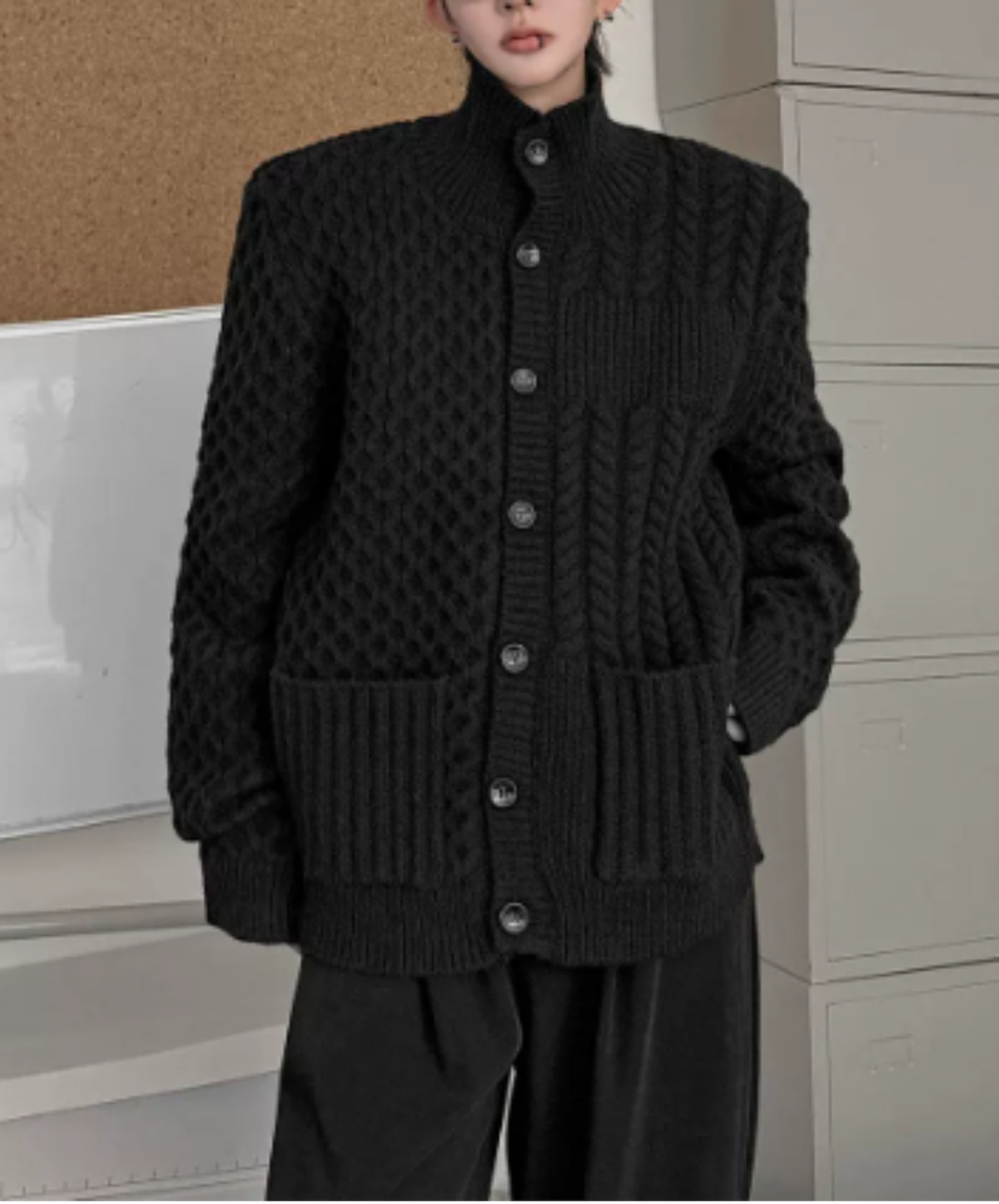 high-neck raised-relief knitting cardigan EN3256