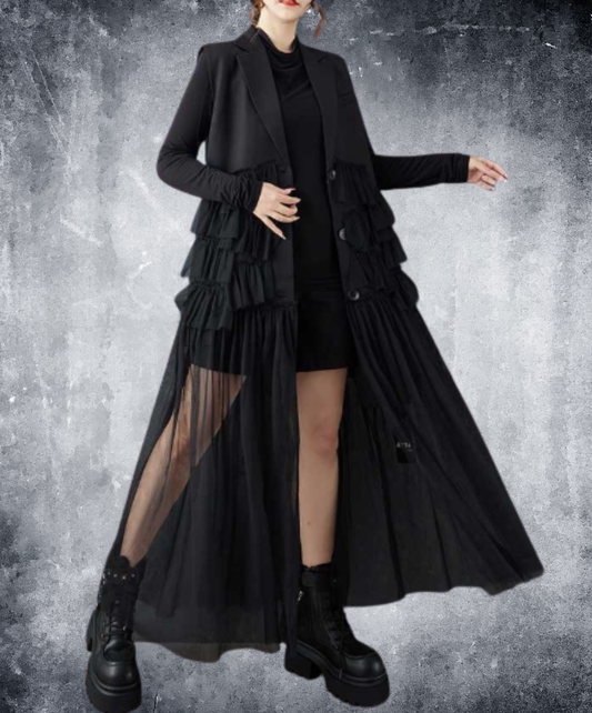 dark long mesh patchwork piece vest  EN3039