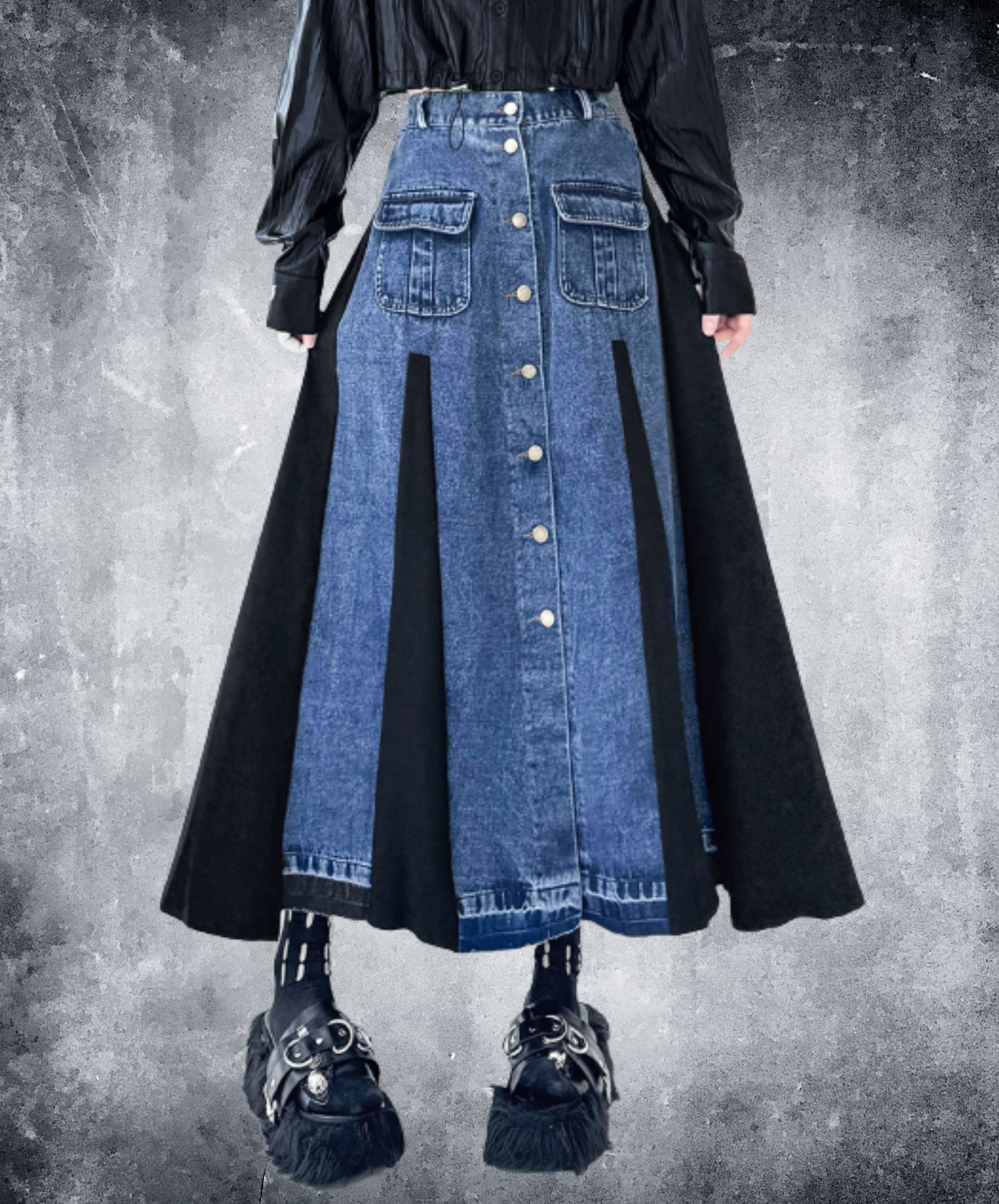 a-line denim patchwork piece skirt EN3113