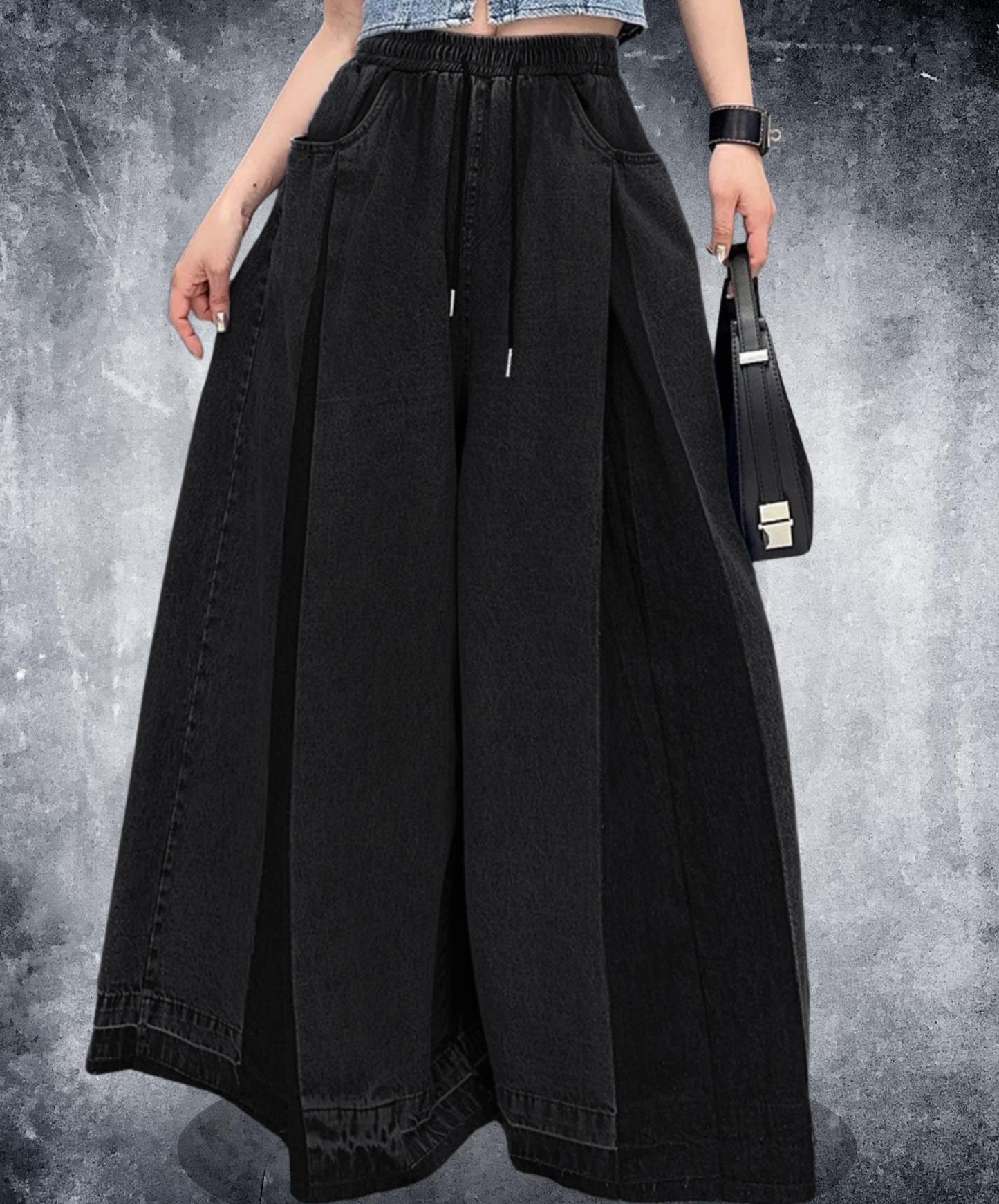 two-tone pleated denim wide pants EN2693