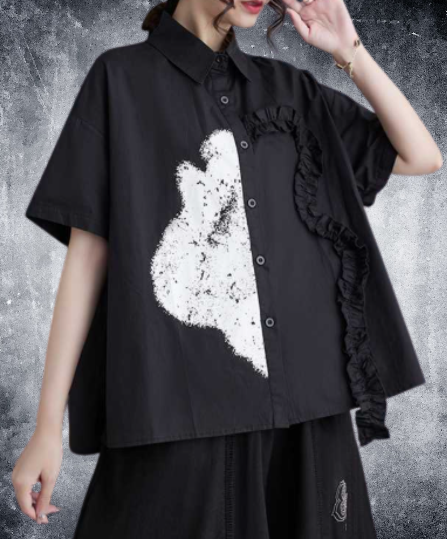 frill and ribbon splicing print shirt EN3080