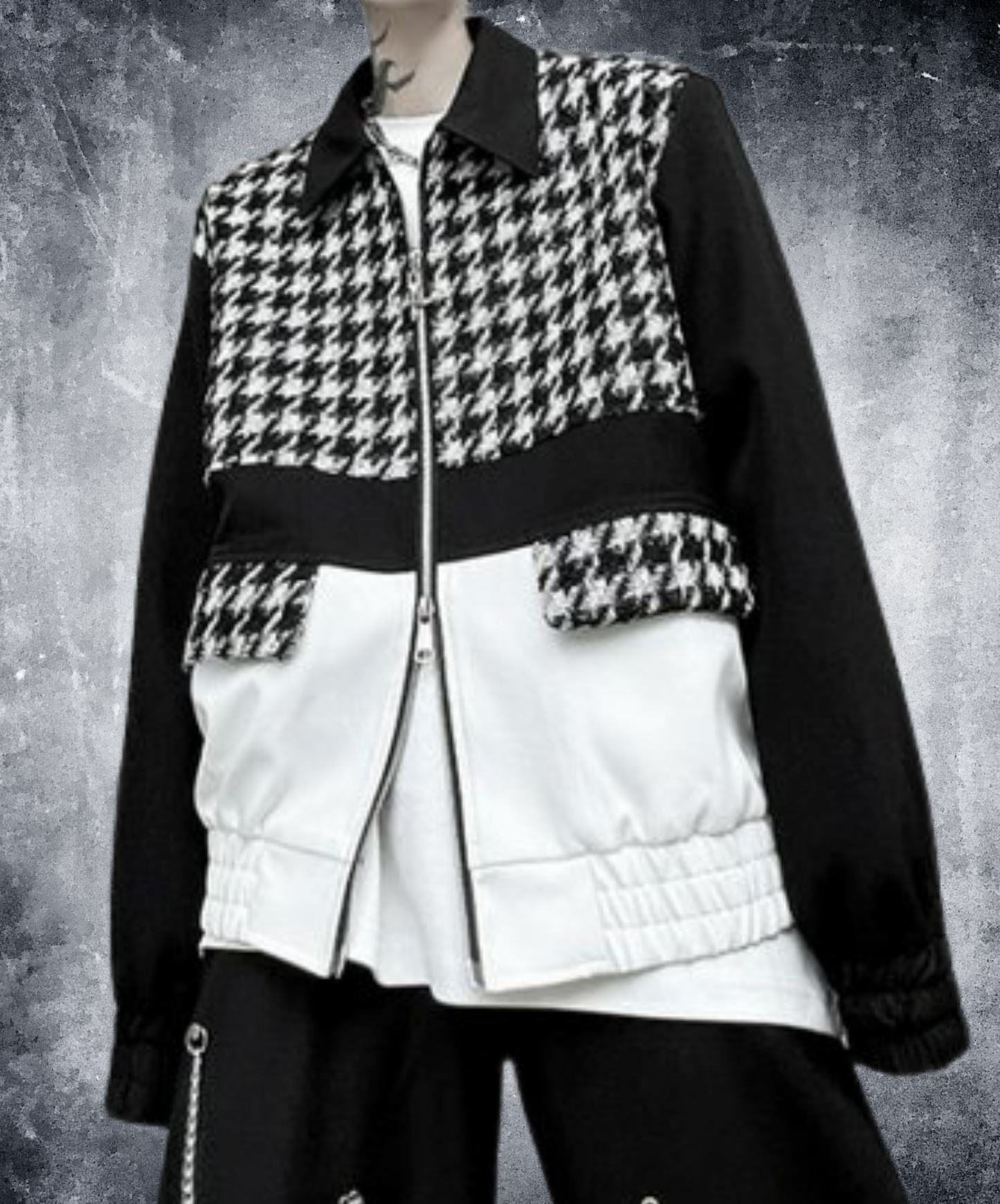 mixed materials houndstooth double zip jacket EN1917