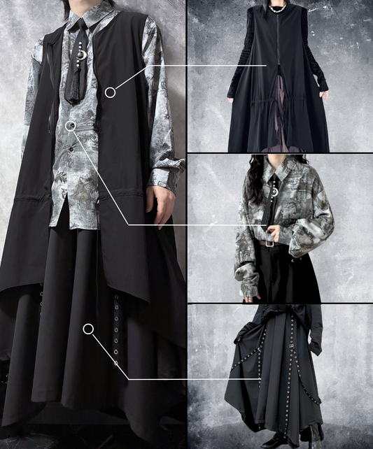 【style108】dark mode outfit set EN3137（gilet + shirt + pants set）