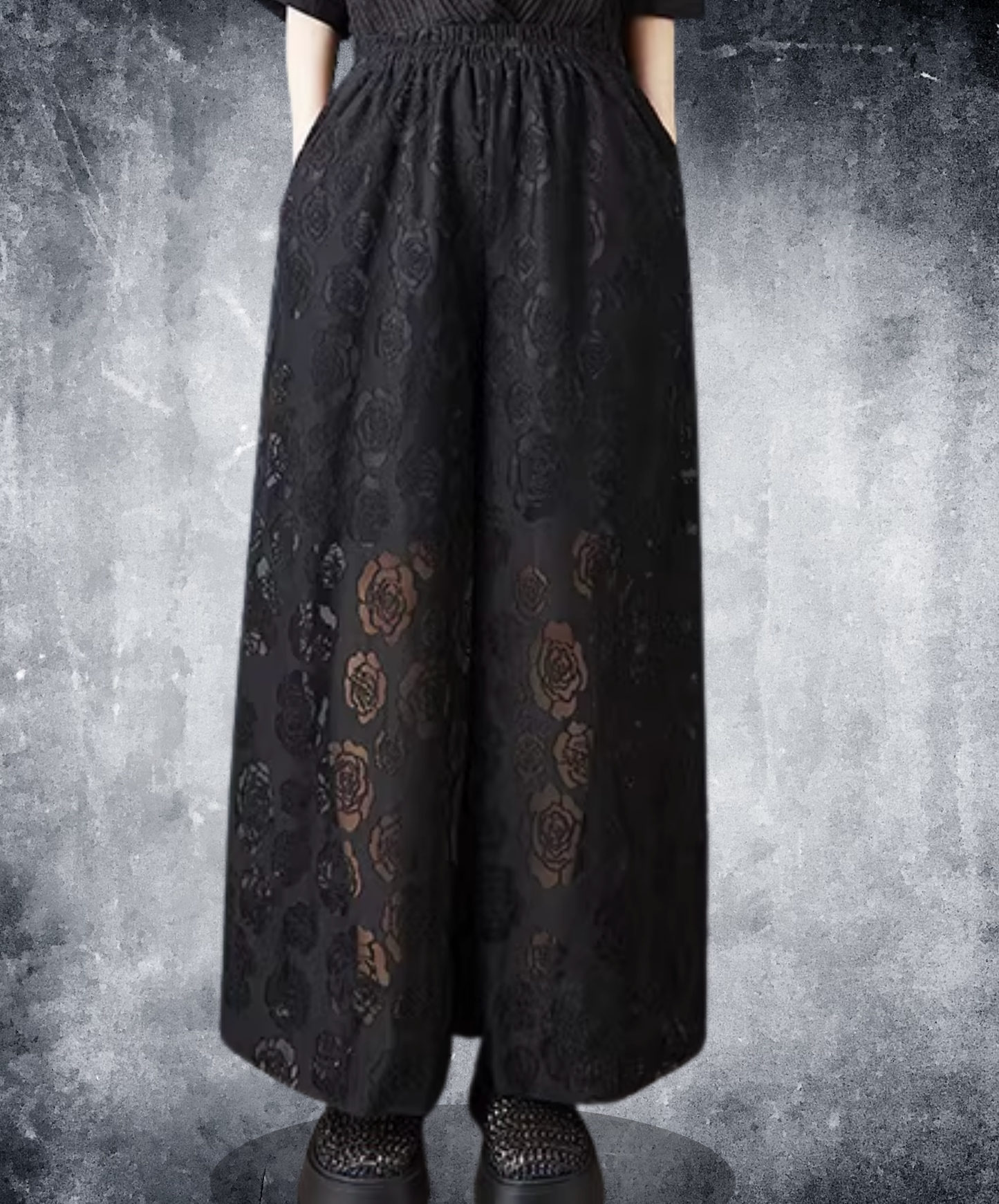 dark rose motif lace design wide pants EN2798