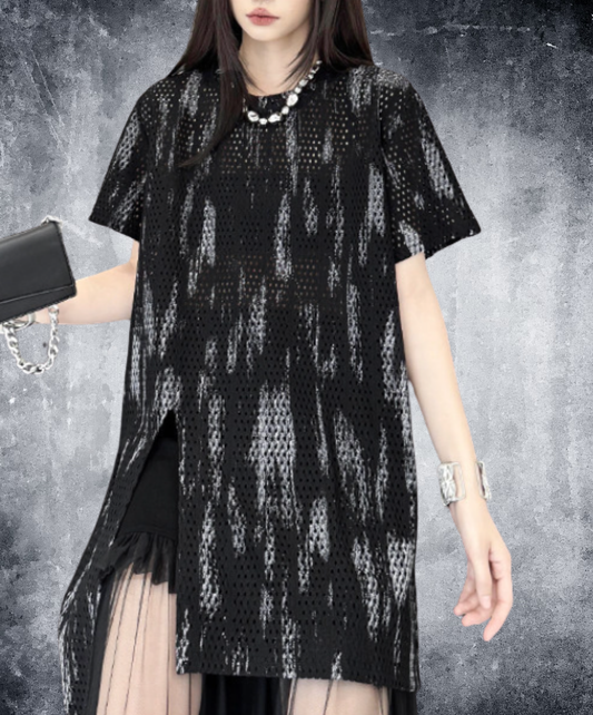printed mesh asymmetrical t-shirt EN2840