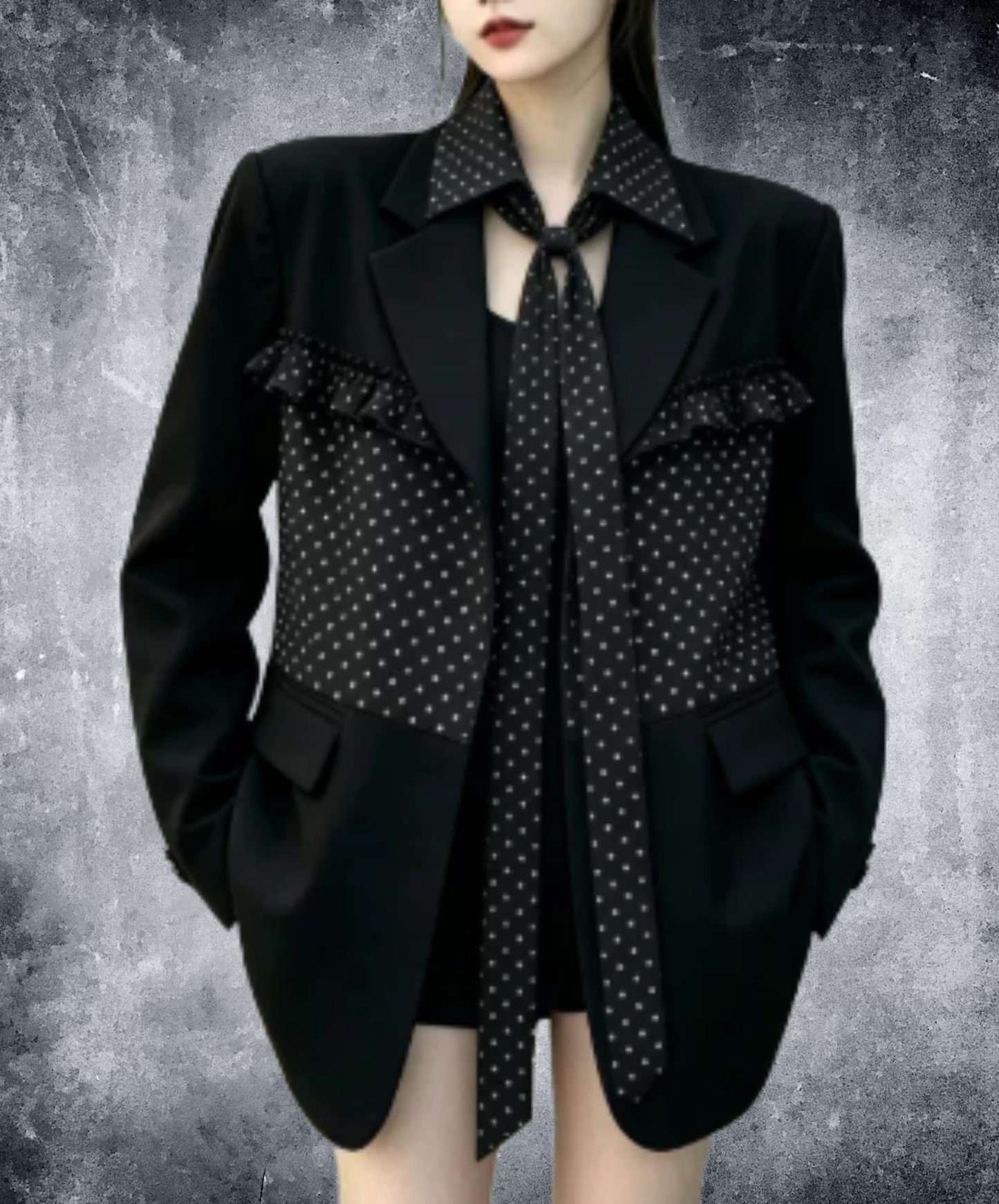 ruffle detail with a polka-dot bow tie jacket EN3167