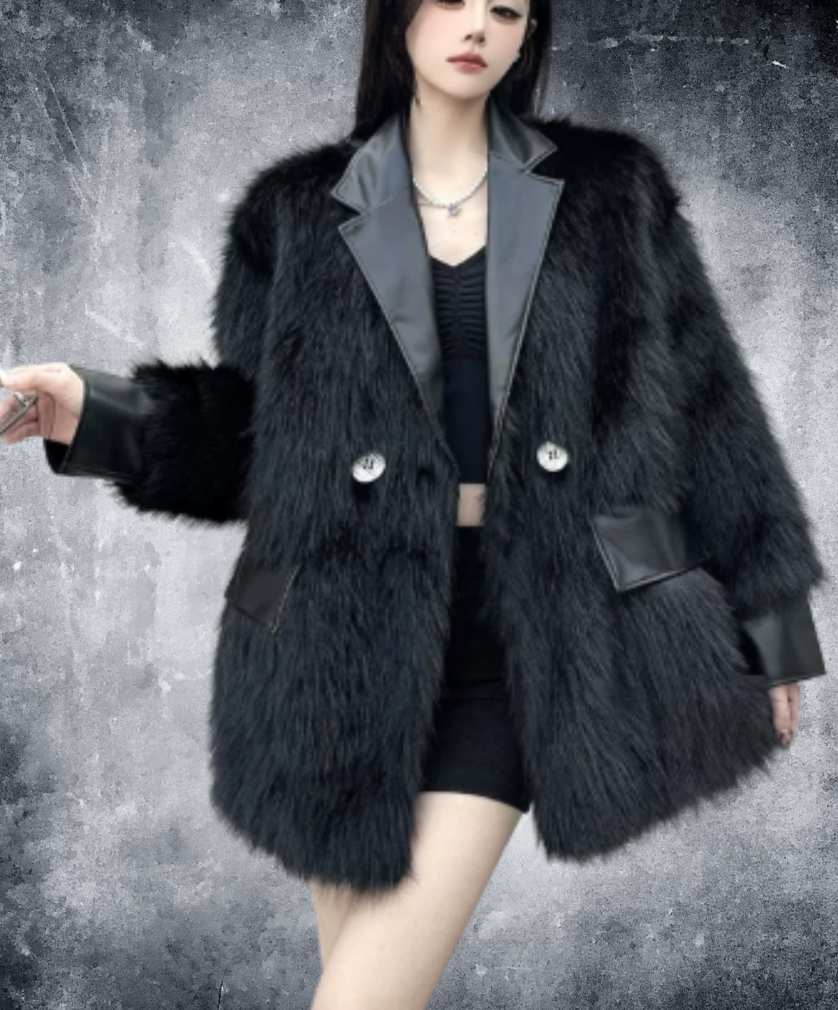 dark shaggy lapel mixed-material paneling jacket EN3188