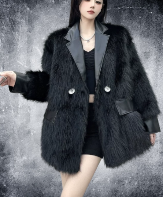dark shaggy lapel mixed-material paneling jacket EN3188