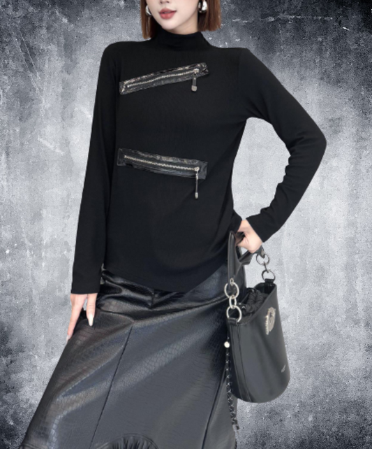 stand-up collar asymmetrical zipper t-shirt EN3258