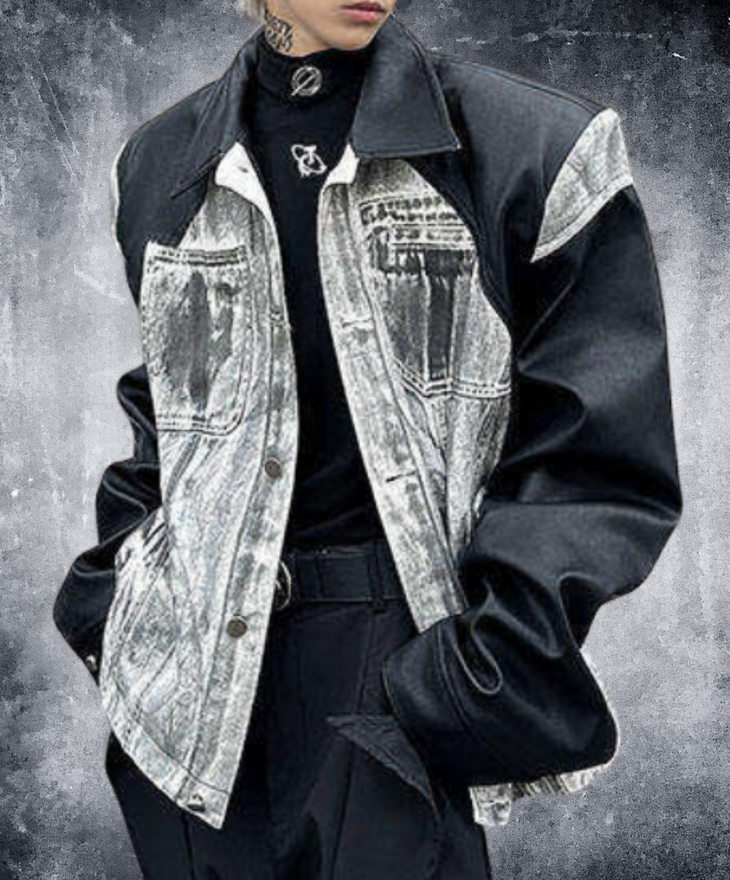 denim print x pu leather patchwork jacket EN2657