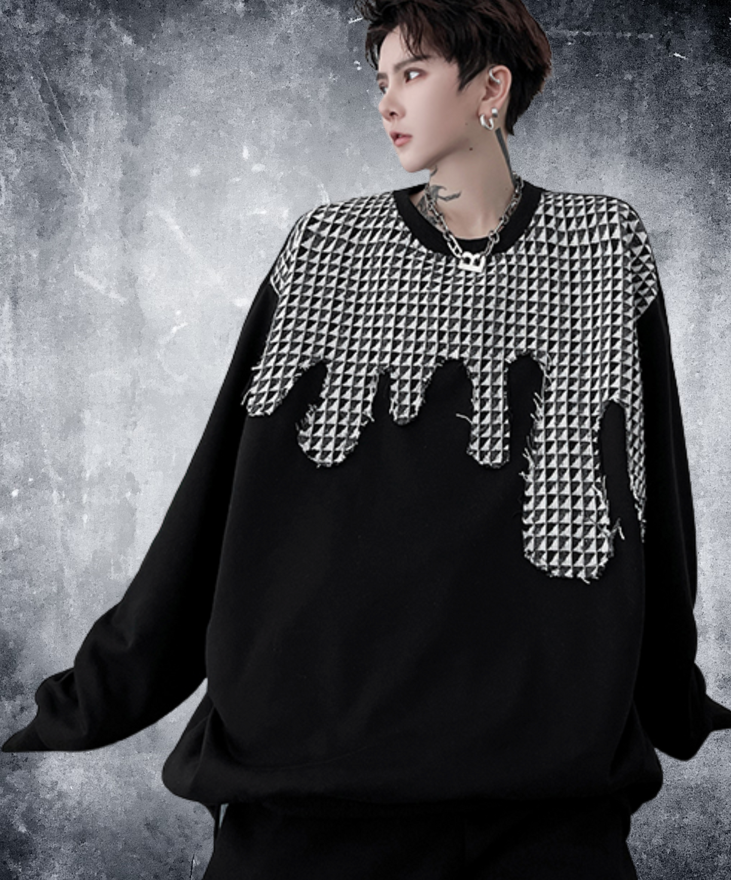 dark splicing plaid raw edge sweater sweatshirts EN1918