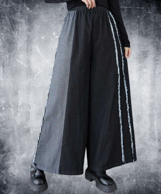 two-tone patchwork fringe wide pants EN3052