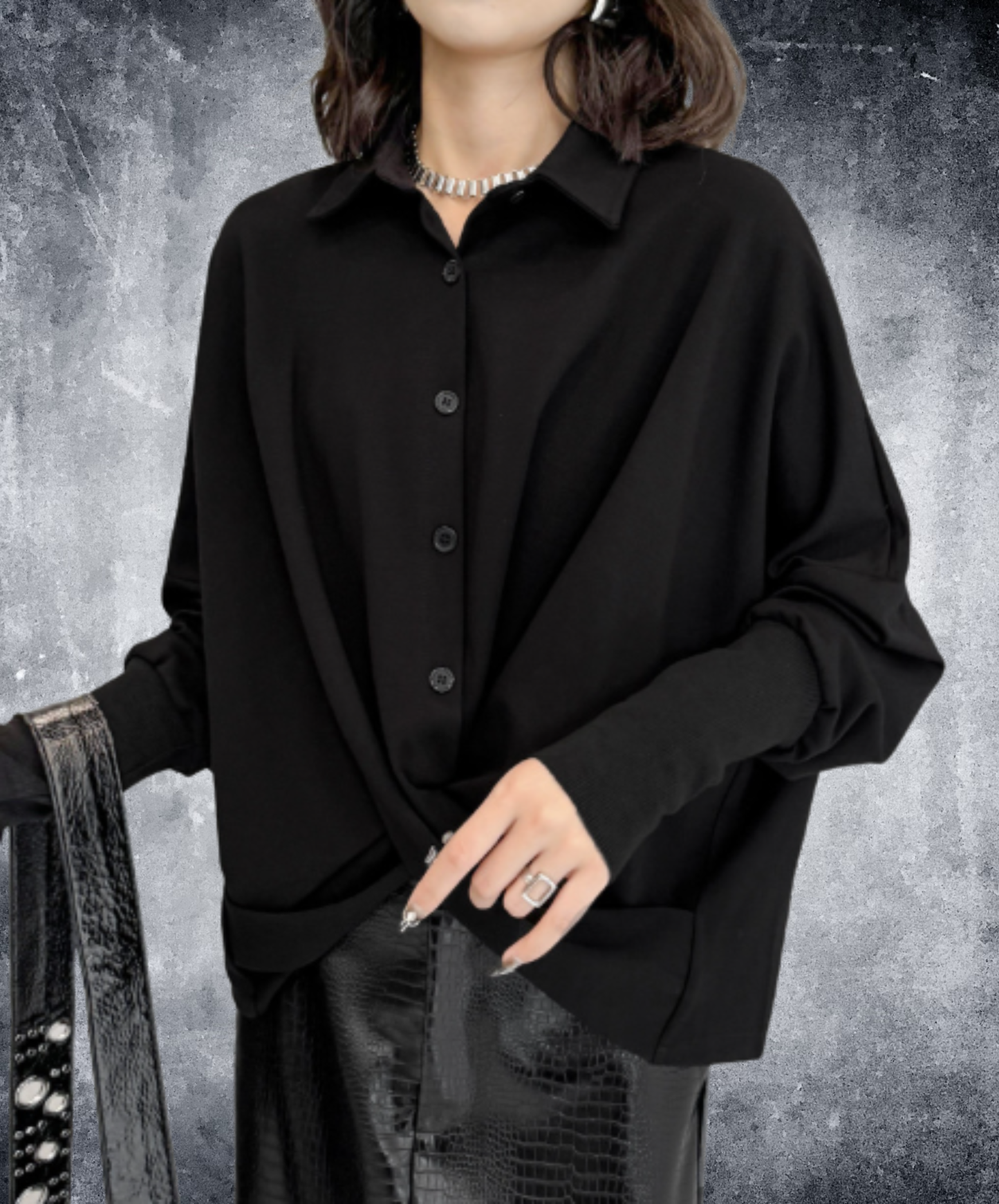 dark crossover-design dolman sleeves shirt EN3131
