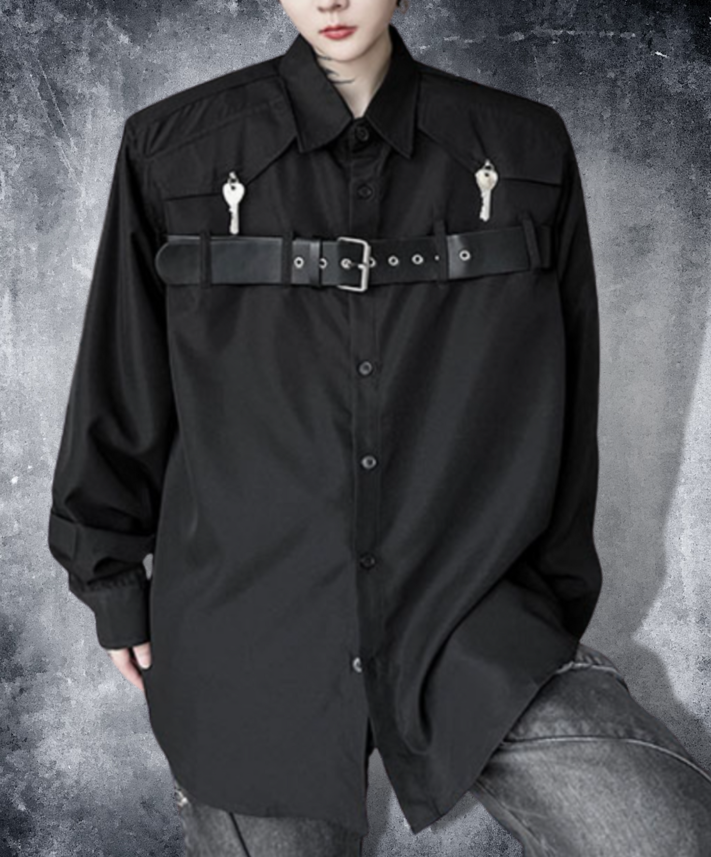 dark thick belt decoration with metal buckle shirt EN1497