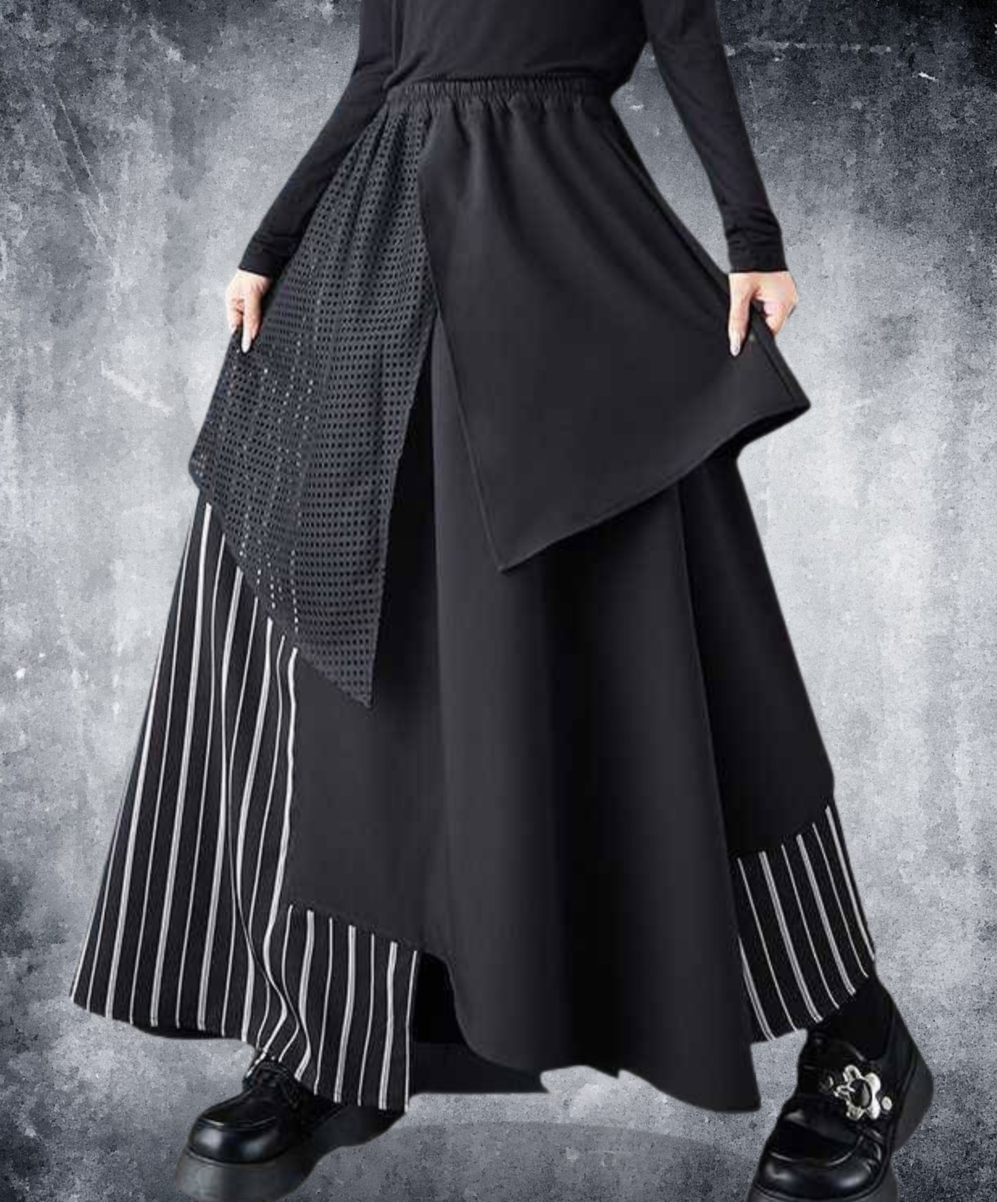 eyelet lace and stripe asymmetrical design skirt EN2756