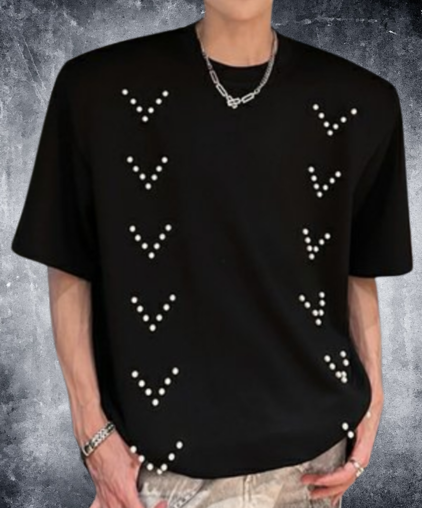v pearl decoration t-shirt EN2090