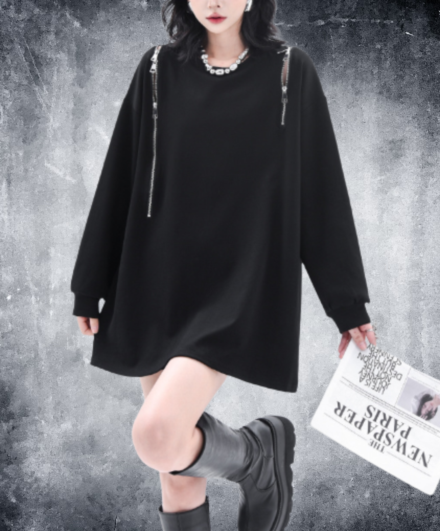 chain-pattern patchwork mid-length style sweatshirt EN3132