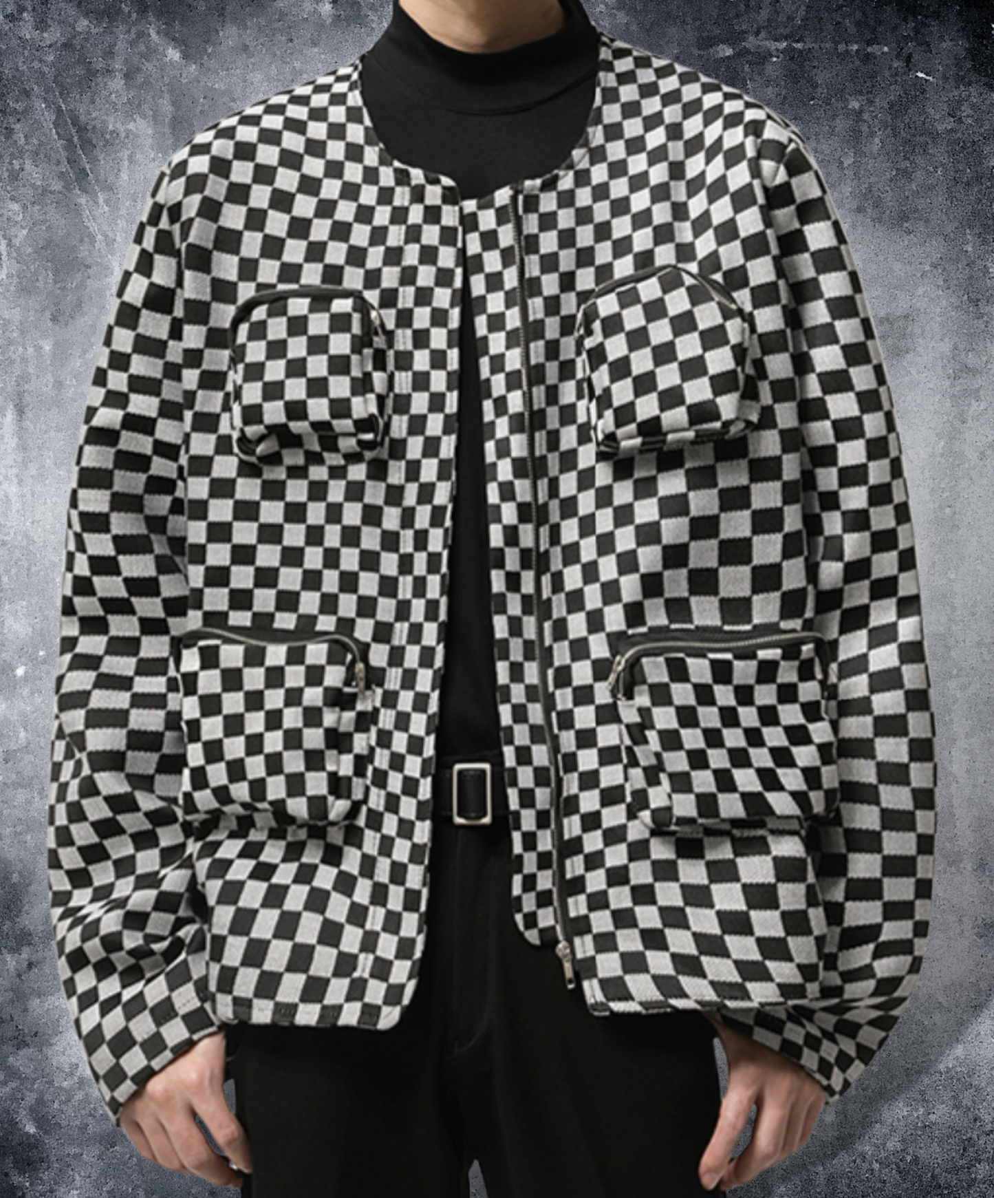 checkered three-dimensional pocket zip up jacket EN1502